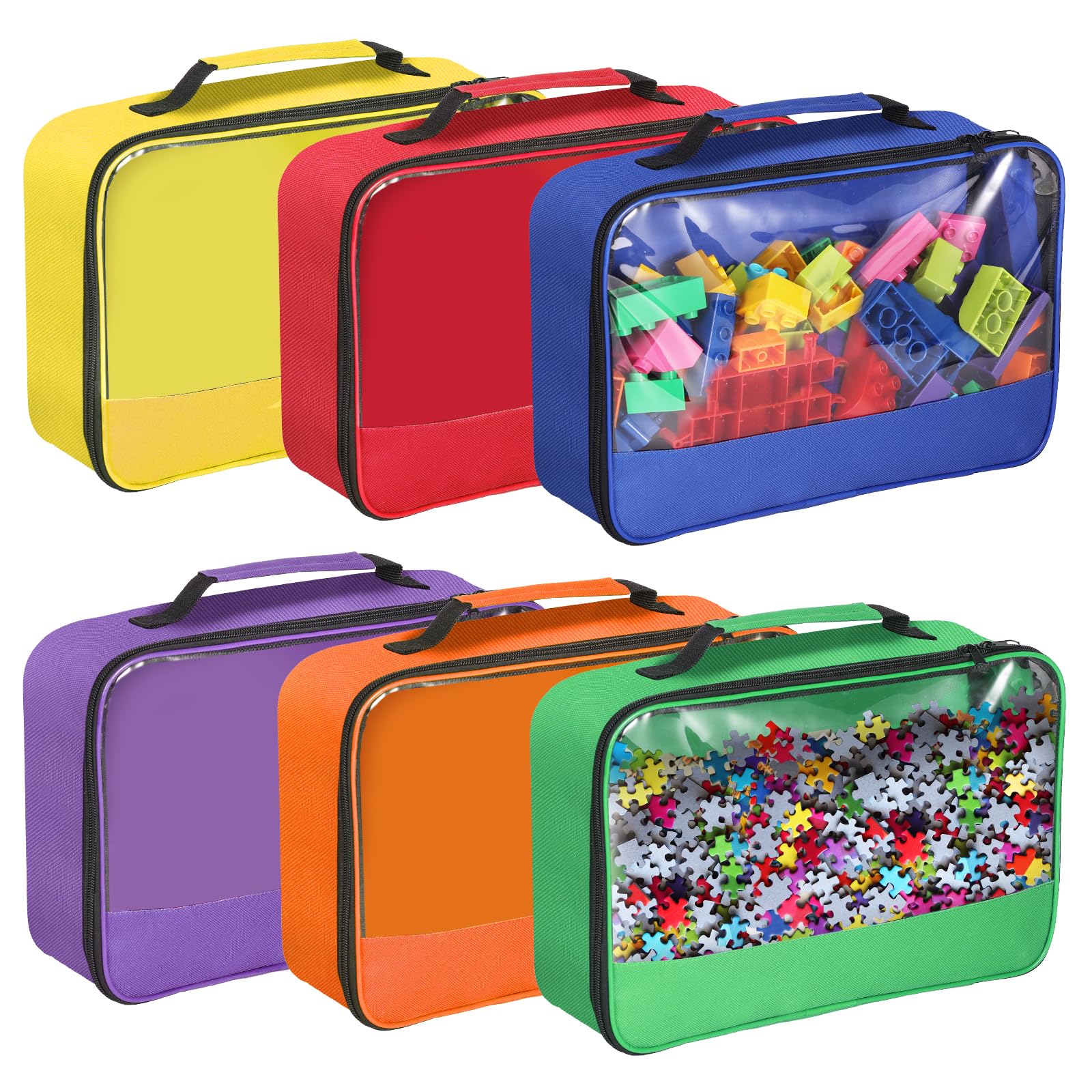 6 Pack Toy Storage Bags with Zipper, Reusable Organizing Bags with Portable Handle, Travel Case for Building Blocks, Bricks, Puzzles, Books, Board Game Storage