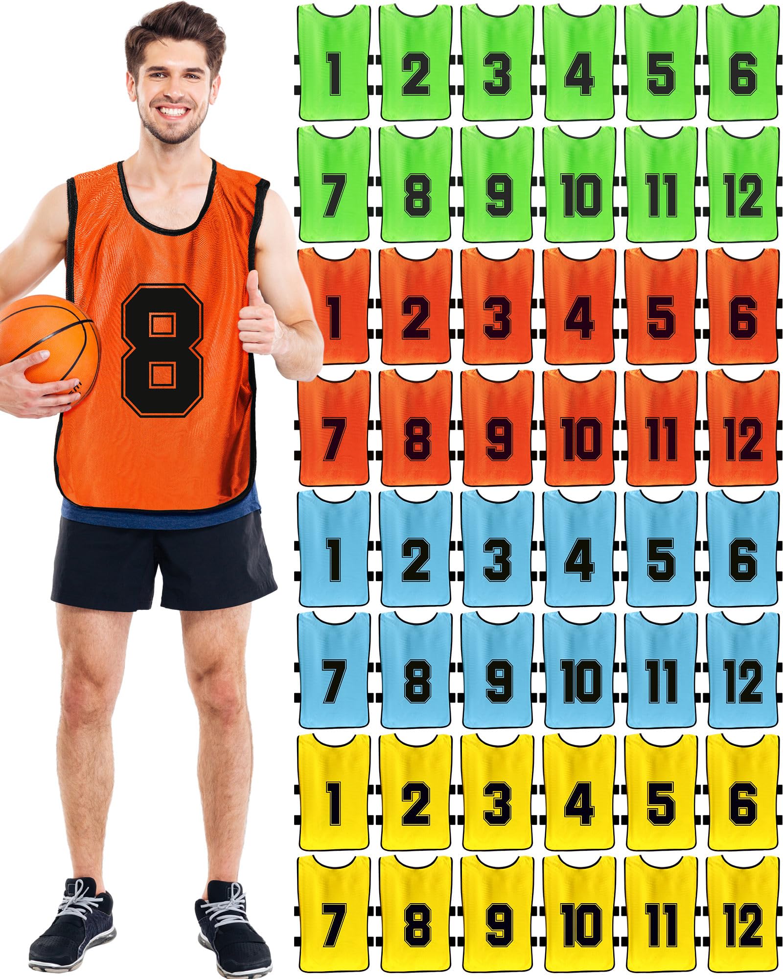 Photo 1 of Suhine 48 Pcs Soccer Penny for Sports Assorted Colors Soccer Scrimmage Vests Team Practice Jersey for Adults Kids (Green, Yellow, Orange, Light Blue,XL)