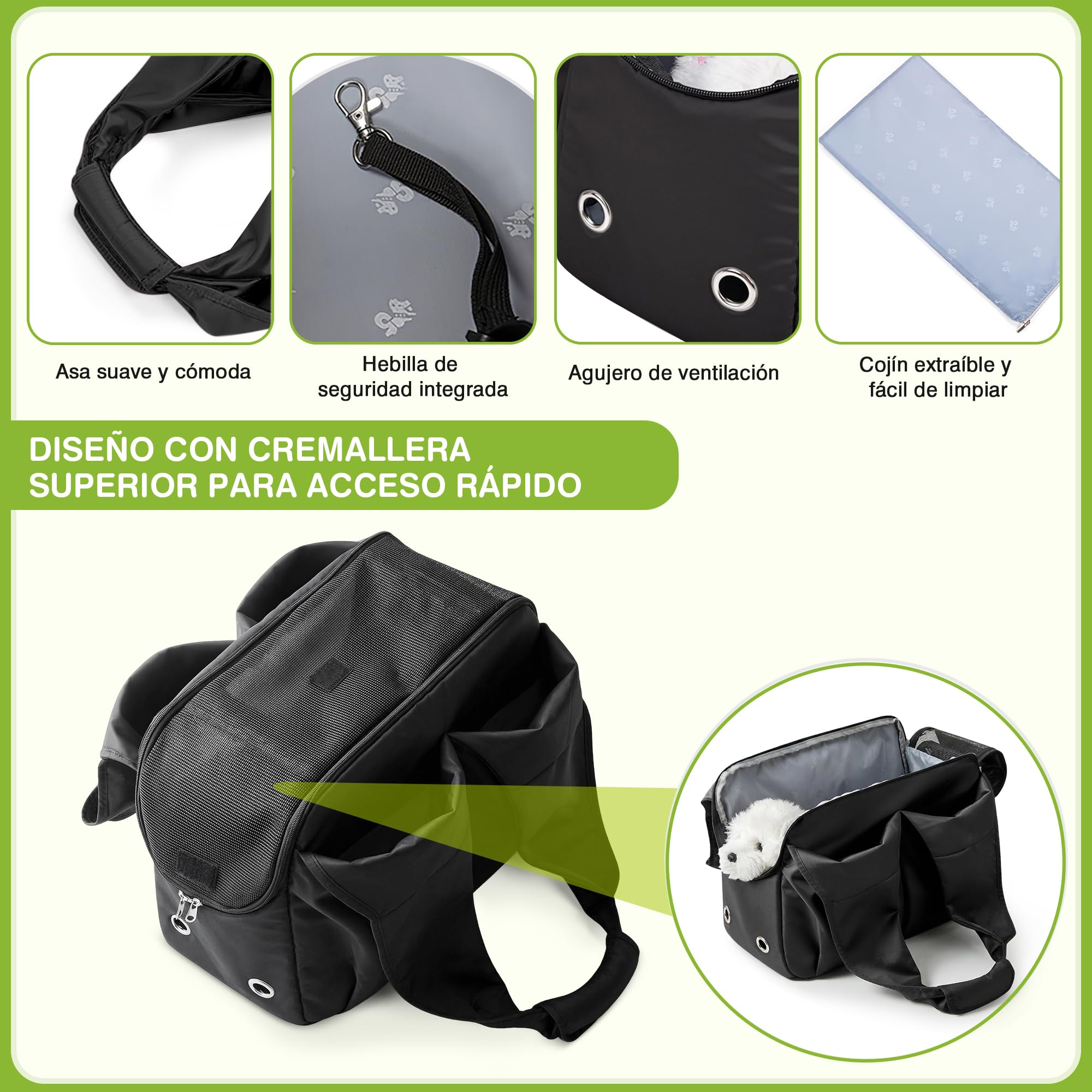 ALLSOPETS Bolso para Perros Pequeños, Transportín Portátil con Gancho para Correa, Mochila para Perros y Gatos Transpirable y Cómoda, Ideal para Viajar y Camping (Negro Intenso)