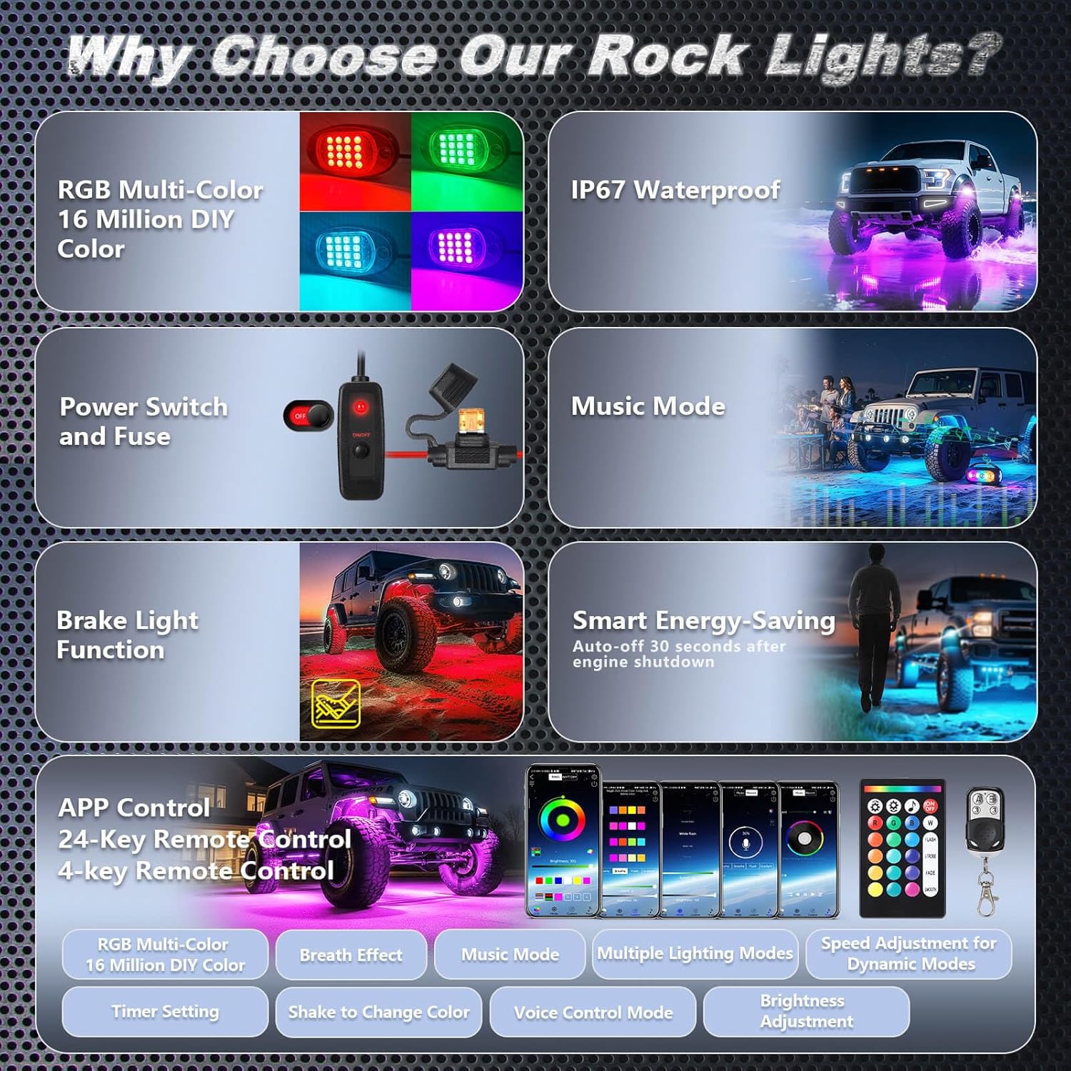 4Pods RGB LED Rock Lights for UTV SXS RZR Can-Am Four Wheeler Side by Side ATV Offroad Golf Cart, Multicolor Underglow Light Kit with APP/RF Remote Music Sync Neon Vehicle Accent Light 12V Waterproof