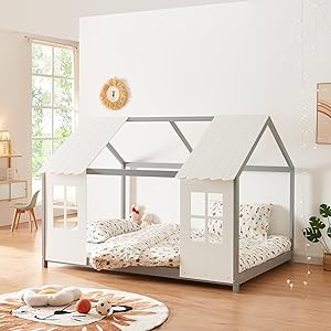 [en.casa] Cama Infantil Tostedt para Niños y Niñas en Forma de Casa con Ventanas y Techo Cama con Somier máx. 200 kg Montessori 120 x 200 cm Madera de Pino - Gris/Blanco