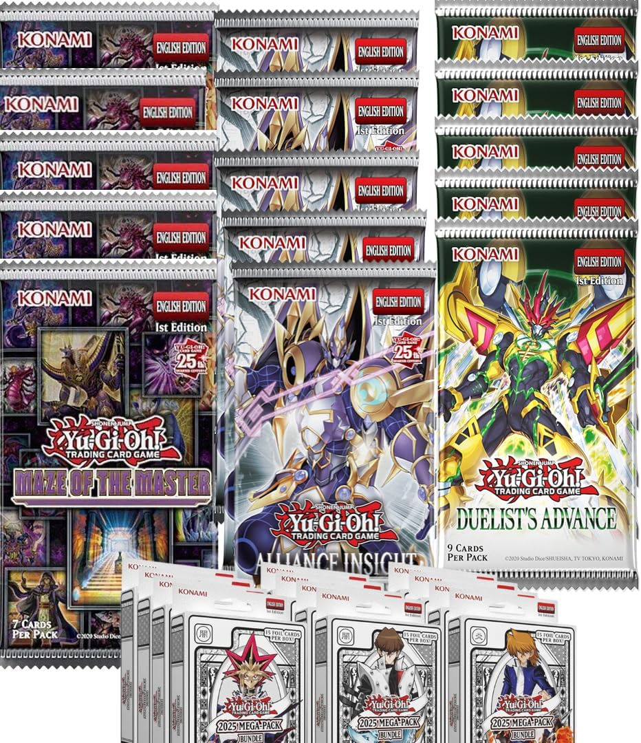 Yugioh Mega Pack Bundle (Random Art) with 20 Booster Packs Combo Alliance Insight Duelist's Advanced Justice Hunters Maze of The Master lot