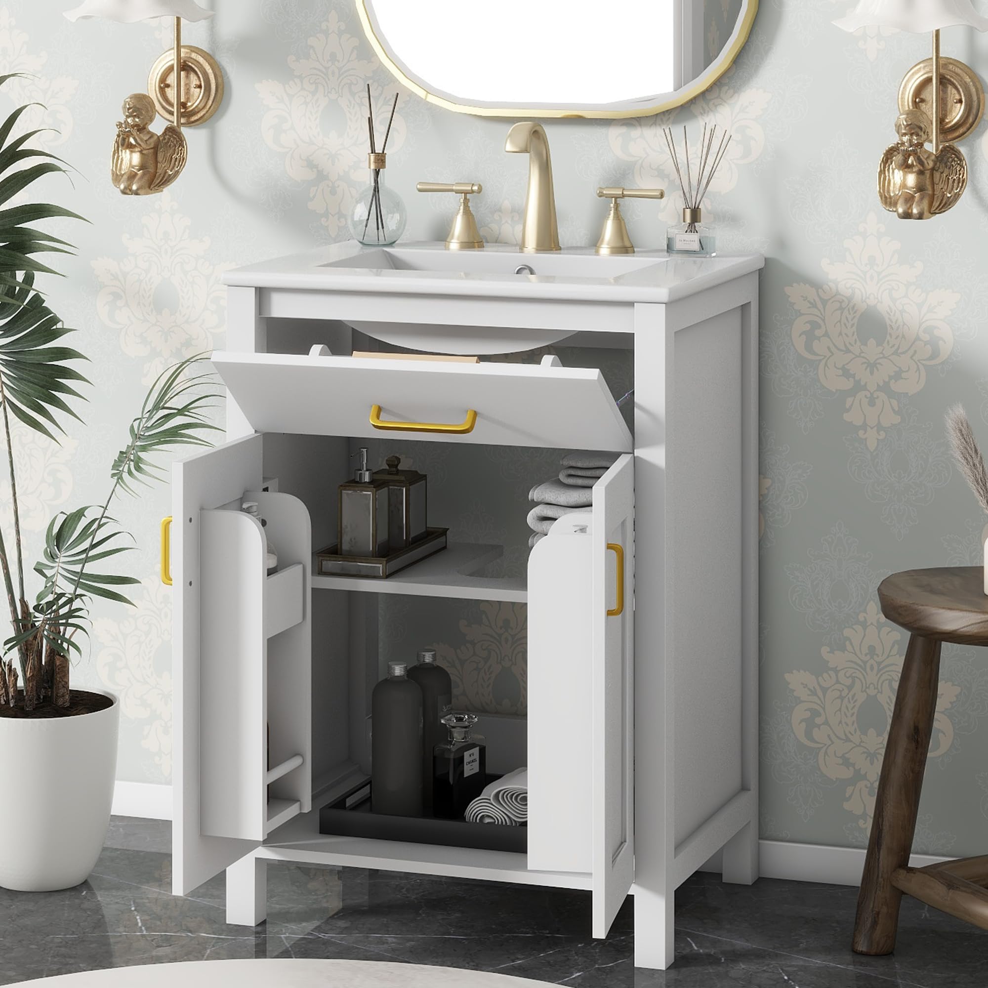 LUMISOL 24" Bathroom Vanity with Sink, Solid Wood Bathroom Cabinet with Tip-Out Drawer, Storage Racks, Soft-Close Door & Adjustable Shelves, Ceramic Sink, White
