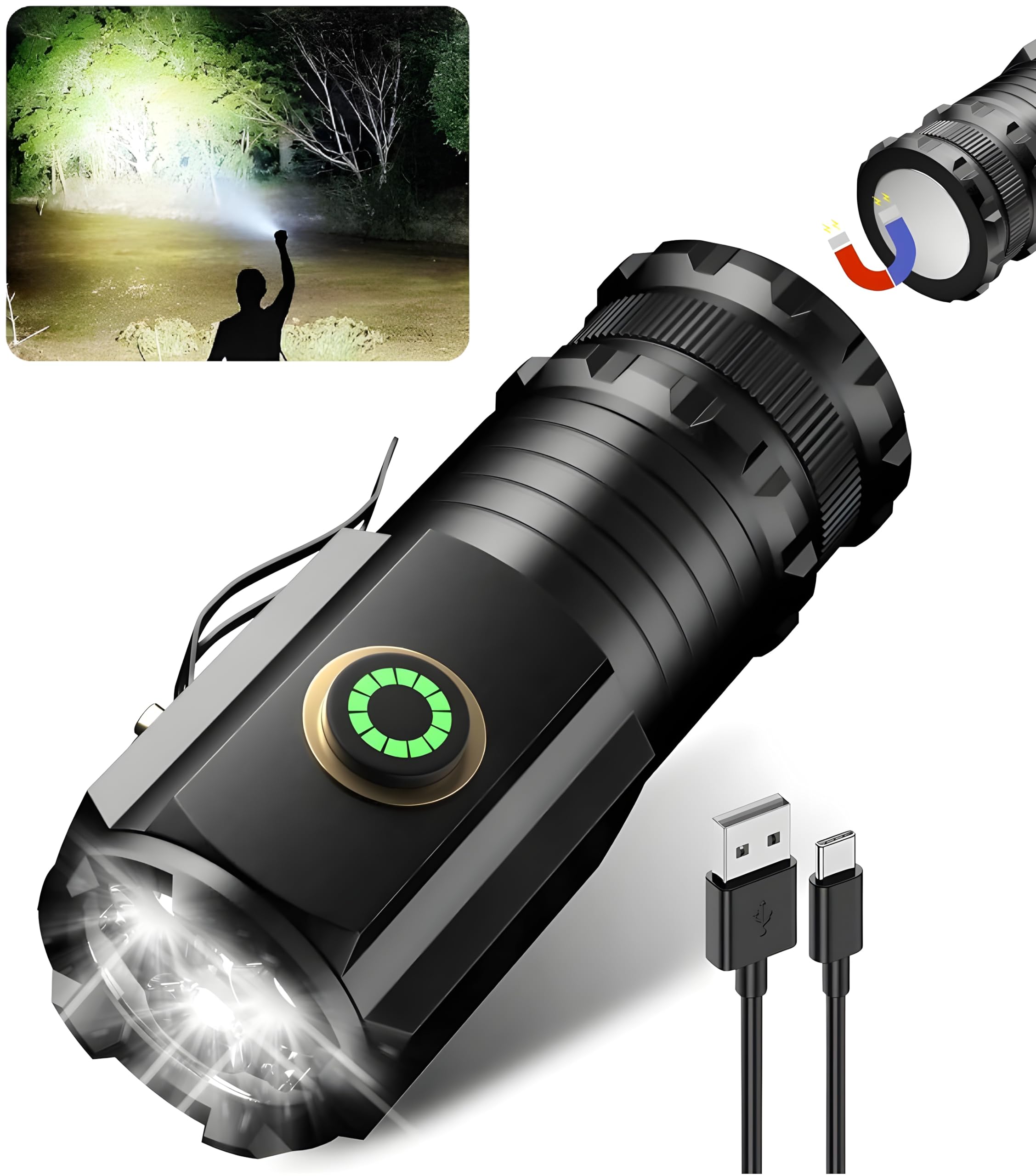LED Flashlight Rechargeable USB C Charging, Powerful 20000 Lumens with 4 Light Modes, Pocket Flashlight with Clip, Magnetic Flashlight for EDC,Camping, Hiking, Emergency (Style - 2)