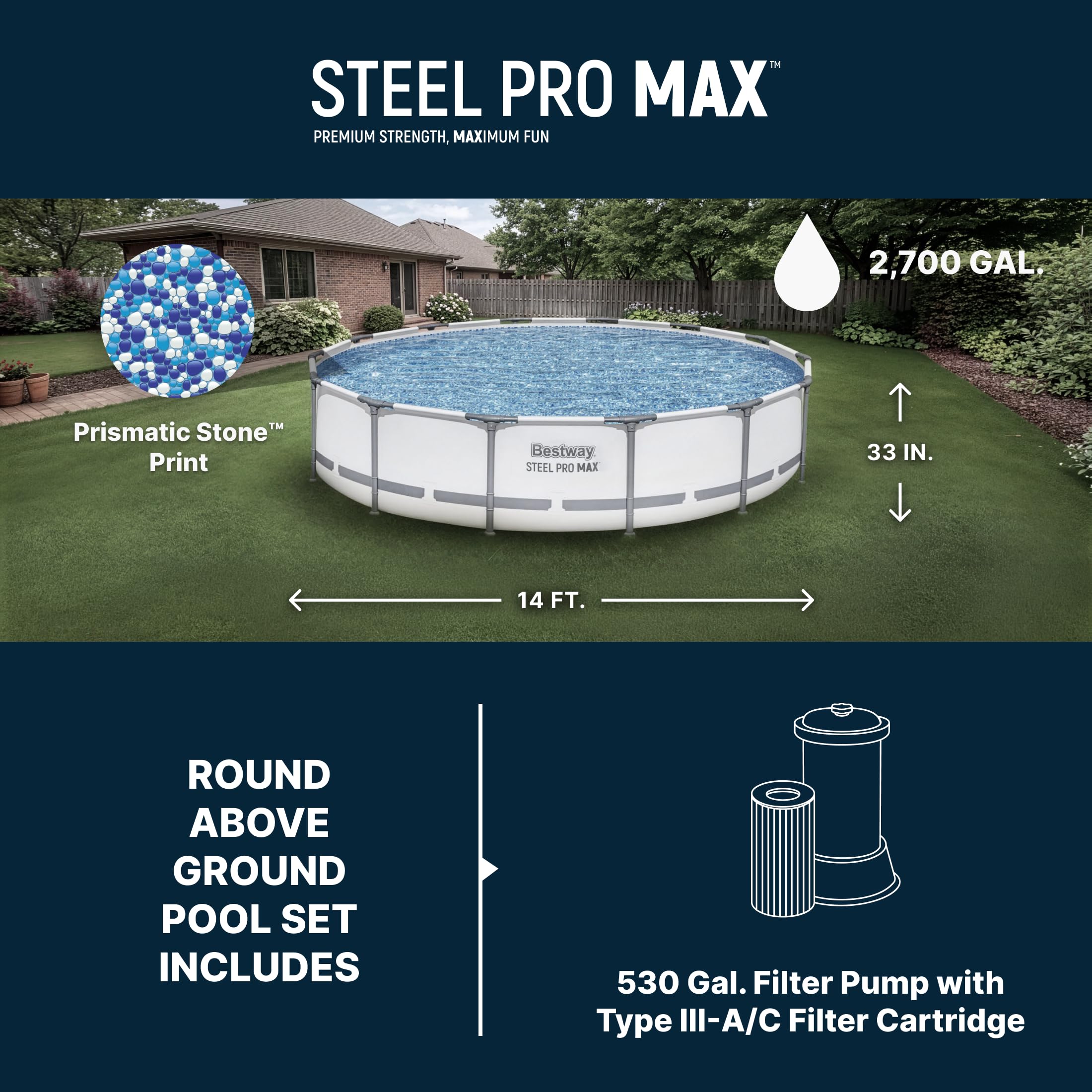 Bestway 56597E Pro MAX Piscina de superficie de 4,3 m x 83,8 cm | Piscina redonda con marco de acero | No requiere herramientas, gris