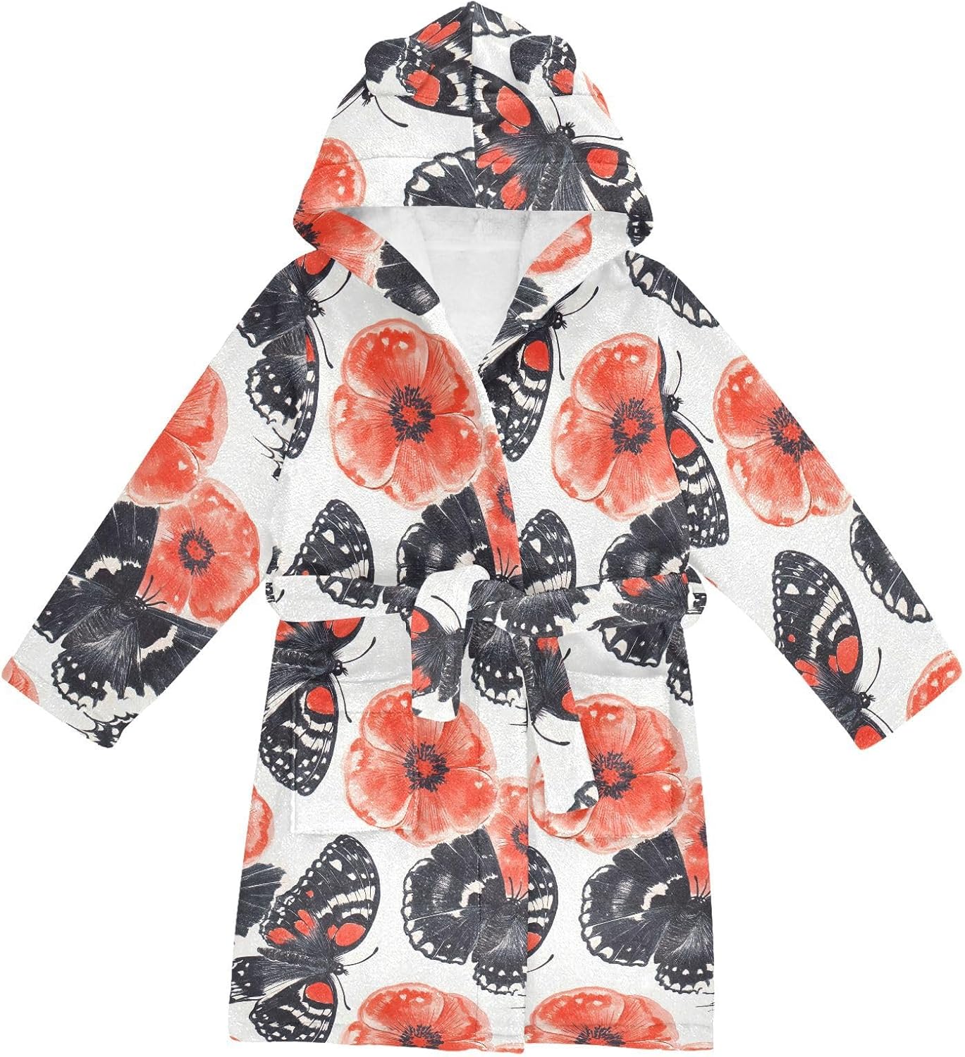 senya Flower Butterflies Black Toddler Hooded Bathrobe Kids Soft Plush Bath Towel Robes for Boys Girls 2-12 Years