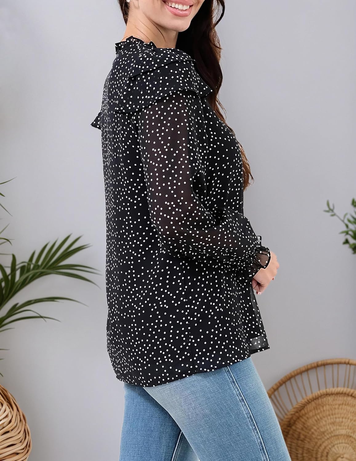 DERAX Women's Polka Dot Long Sleeve Shirt Chiffon Tie Neck Tops Business Office Work 2026 Spring Blouse - Image 2