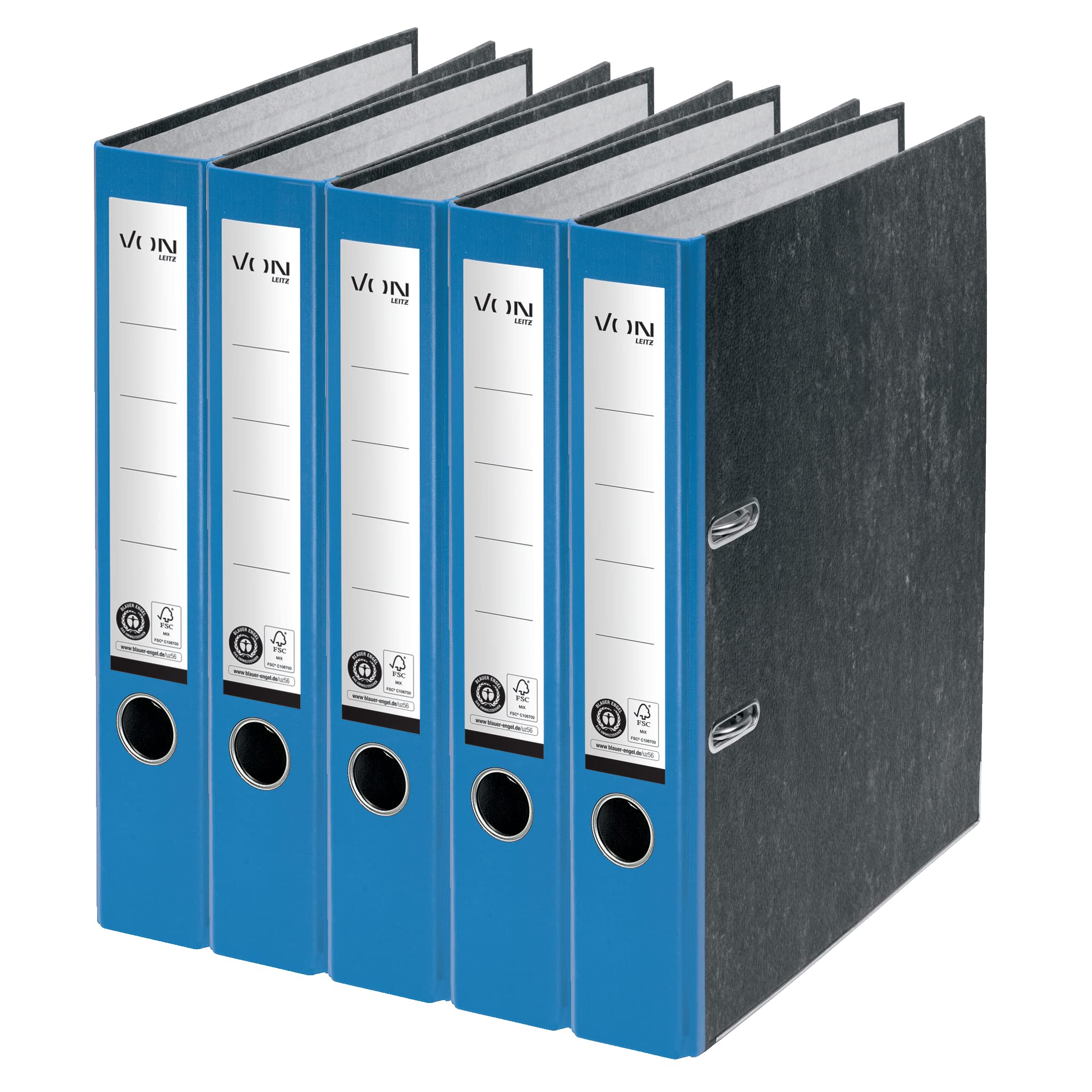 VON Leitz 10541035 Pack of 5 A4 Folders, 100% Recycled Cardboard, 50 mm Spine Width, for 350 Sheets, Marbled, Blue Angel & FSC Certified, for School, Study & Household, Blue