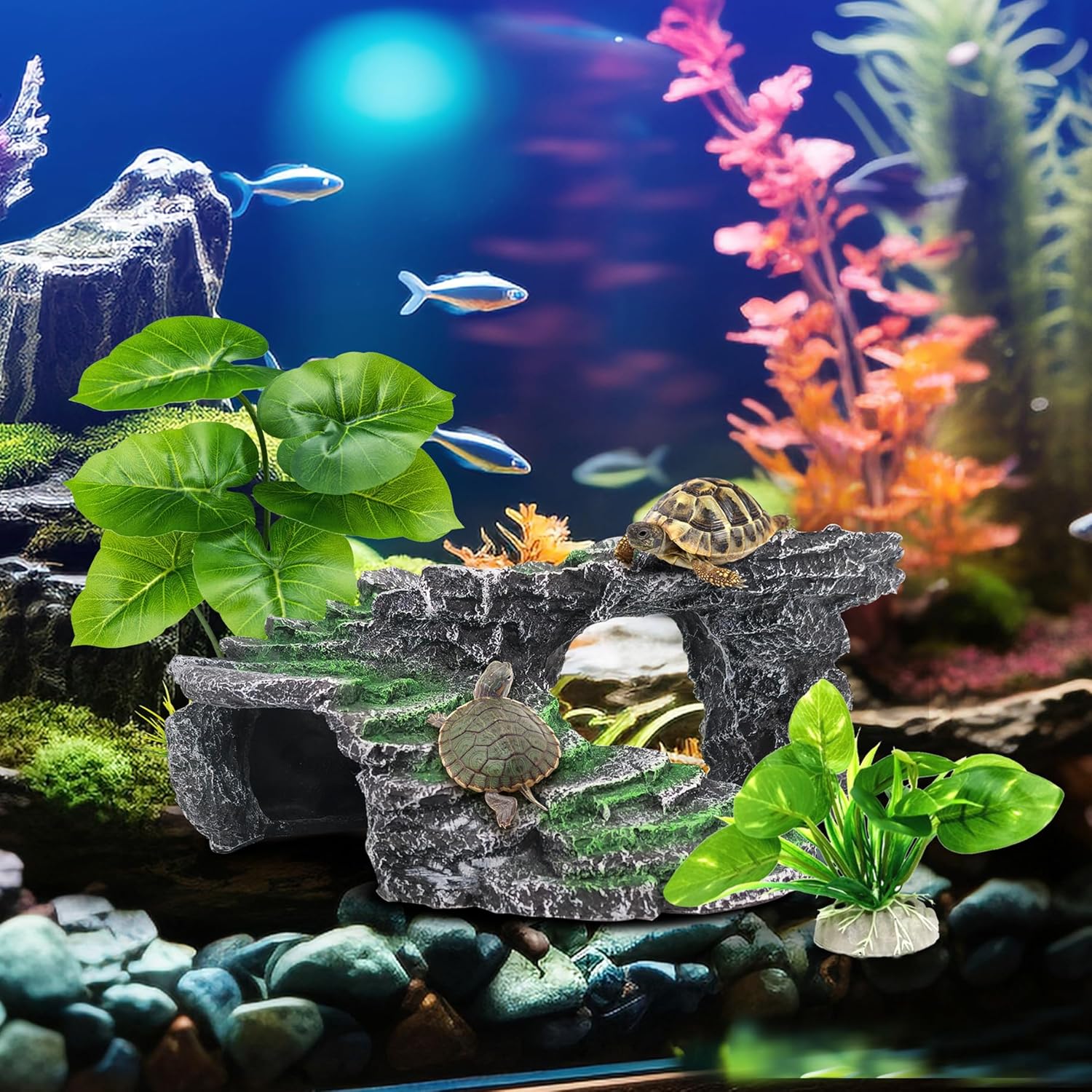 GOZILLA Turtle Basking Platform Kit, Reptile Habitat Hideout, Decorative Resin for Aquarium & Terrarium, Including Artificial Plant*2.(Black-M-Kit)