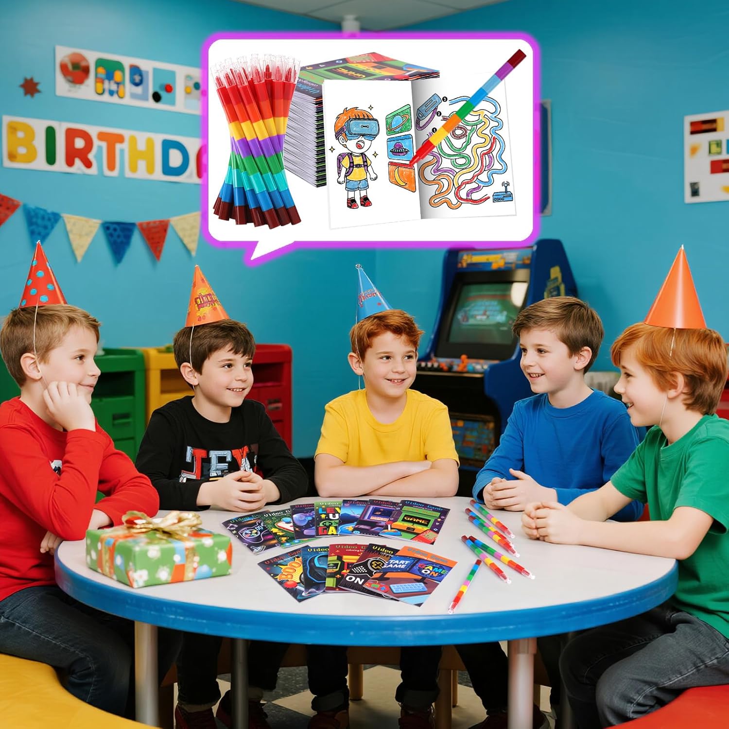 BenLouis 24 Video Game Mini Coloring Books Kids with 24 Stacking Crayons Gaming Party Favors Activity Books Bulk for Kids Boys Neon Game Level Up Goodie Bag Gift Stuffer Classroom Reward