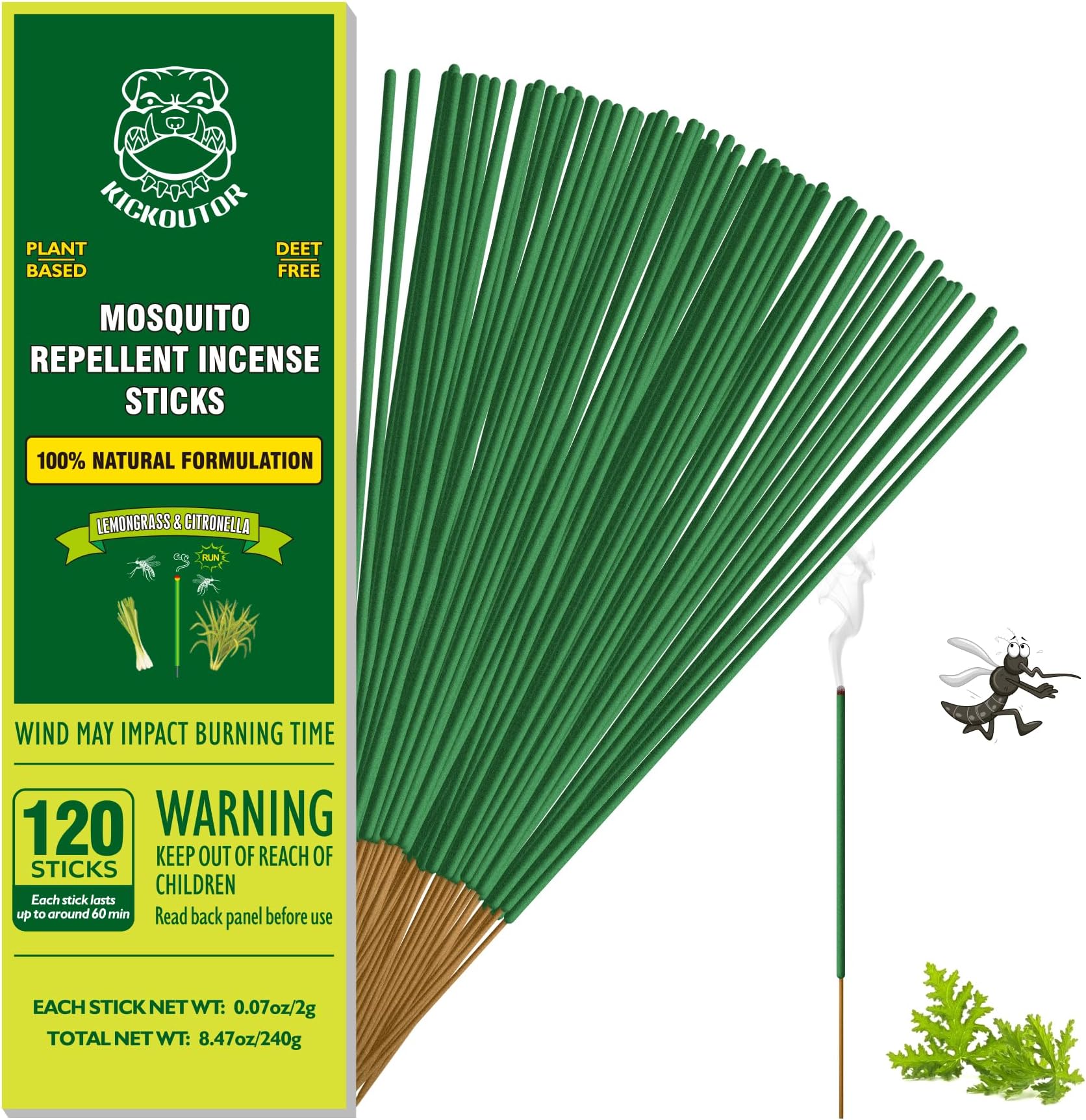 KICKOUTOR Mosquito Repellent Outdoor Patio 120 Pcs Citronella Oil Mosquito Incense Sticks Natural Organic Mosquito Barrier Mosquito Repeller for Backyard Travel Camping Indoors Gnat Mosquito Control