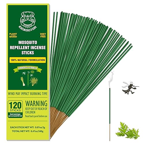 KICKOUTOR Mosquito Repellent Outdoor Patio 120 PCS Citronella Oil Mosquito Incense Sticks Natural Organic Mosquito Barrier Mosquito Repeller for Backyard Travel Camping Indoors Gnat Mosquito Control - 120 Sticks Green