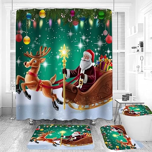 4PCS Christmas Santa Reindeer Shower Curtain Set, Rope Ball Green