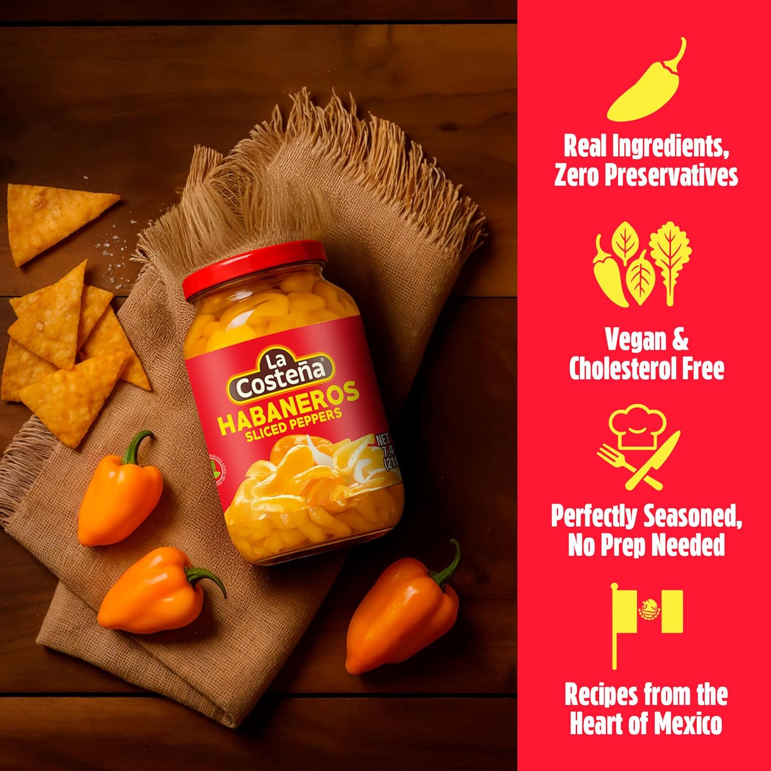 La Costeña Sliced Habanero Pepper for Mexican Food, Mango Habanero Salsa, Guacamole, Enchiladas, Spicy Nacho & Taco Toppings - Hot Pickled Vegetables - 10x Spicier than Jalapeños - 7.4 oz, 1 Pack