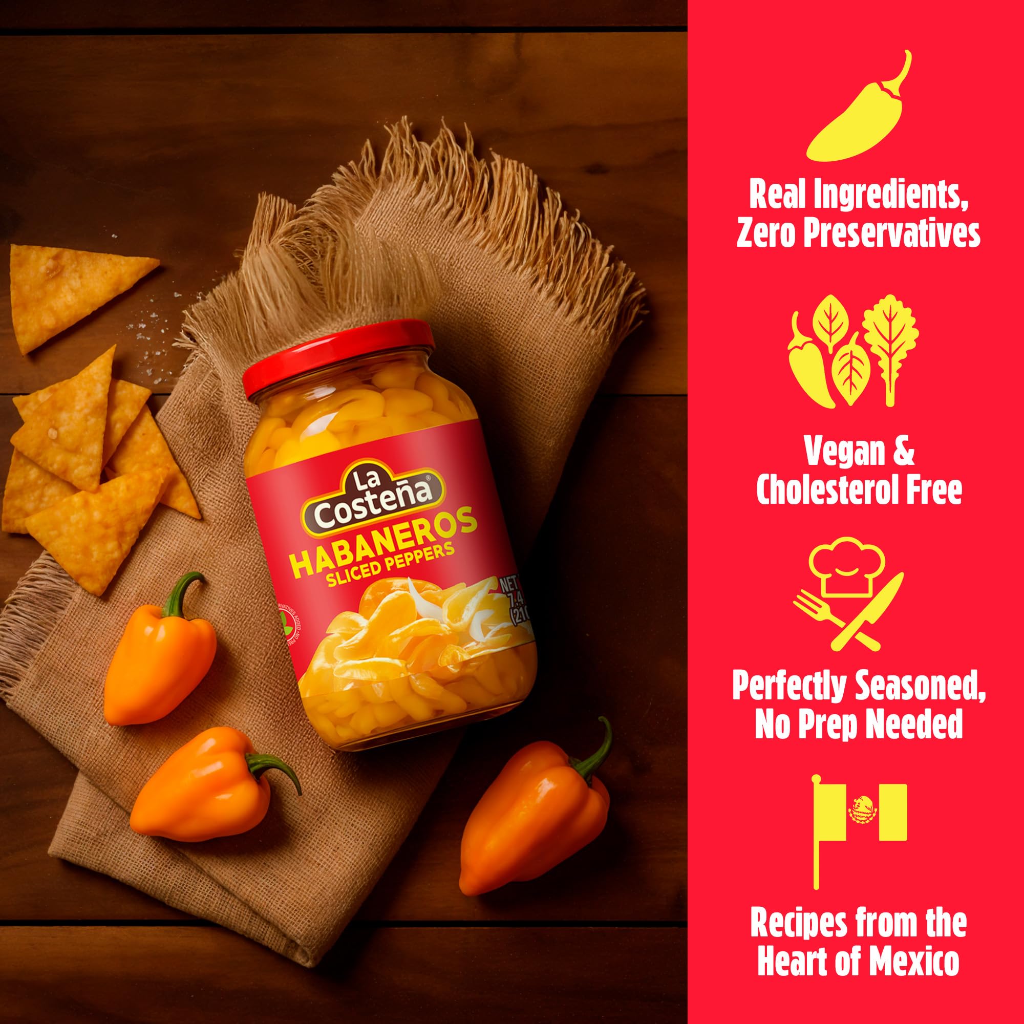 La Costeña Sliced Habanero Pepper for Mexican Food, Mango Habanero Salsa, Guacamole, Enchiladas, Spicy Nacho & Taco Toppings - Hot Pickled Vegetables - 10x Spicier than Jalapeños - 7.4 oz, 1 Pack