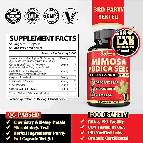 Miniatura 2 de Cápsulas de semillas naturales de Mimosa Pudica de 3875 mg con orégano ajo hoja de neem y otros apoyo intestinal y digestivo