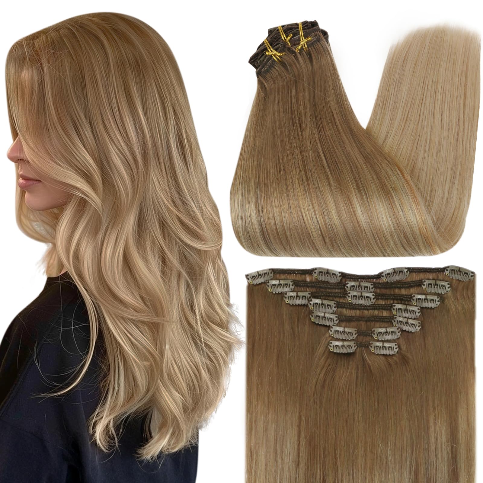 Amazon.com : Full Shine Brown Blonde Clip in Hair Extensions  display picture 2