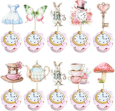 Ephlyn 36Pcs Wonderland Cupcake Toppers Tea Party Cake Decorations Butterfly Flower Bowl Key Clock Eat Me Cupcake Picks for Baby Shower Birthday Kids Birthday Party Decorations