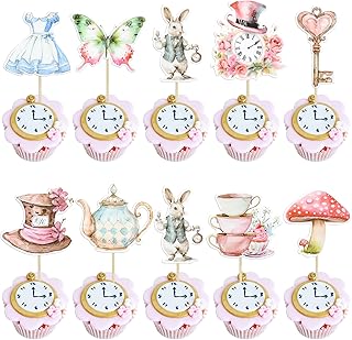Ephlyn 36Pcs Wonderland Cupcake Toppers Tea Party Cake Decorations Butterfly Flower Bowl Key Clock Eat Me Cupcake Picks for Baby Shower Birthday Kids Birthday Party Decorations