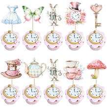 Ephlyn 36Pcs Wonderland Cupcake Toppers Tea Party Cake Decorations Butterfly Flower Bowl Key Clock Eat Me Cupcake Picks for Baby Shower Birthday Kids Birthday Party Decorations