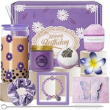 Birthday Gifts for Women Happy Birthday Gifts for Her Mom Sister Friend Wife Girlfriend Coworker Birthday Gift Basket Daisy Glass Cup Gift Set (Purple)
