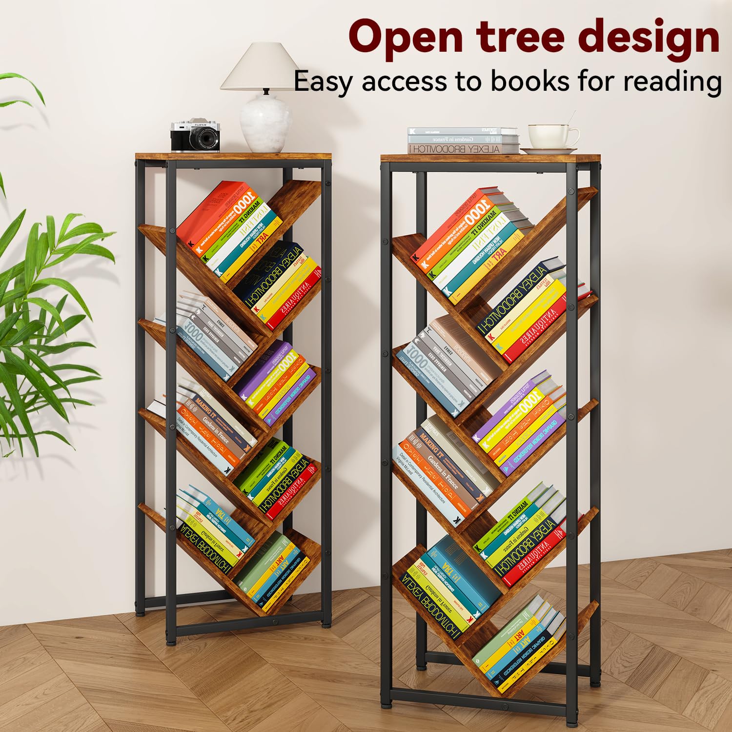 IBUYKE Estantería de Árbol de 9 Niveles,Librería Vertical,Marrón TBC002H | Estante de Pie para Libros Estanteria Esquinera para Dormitorio Salón Oficina en Casa