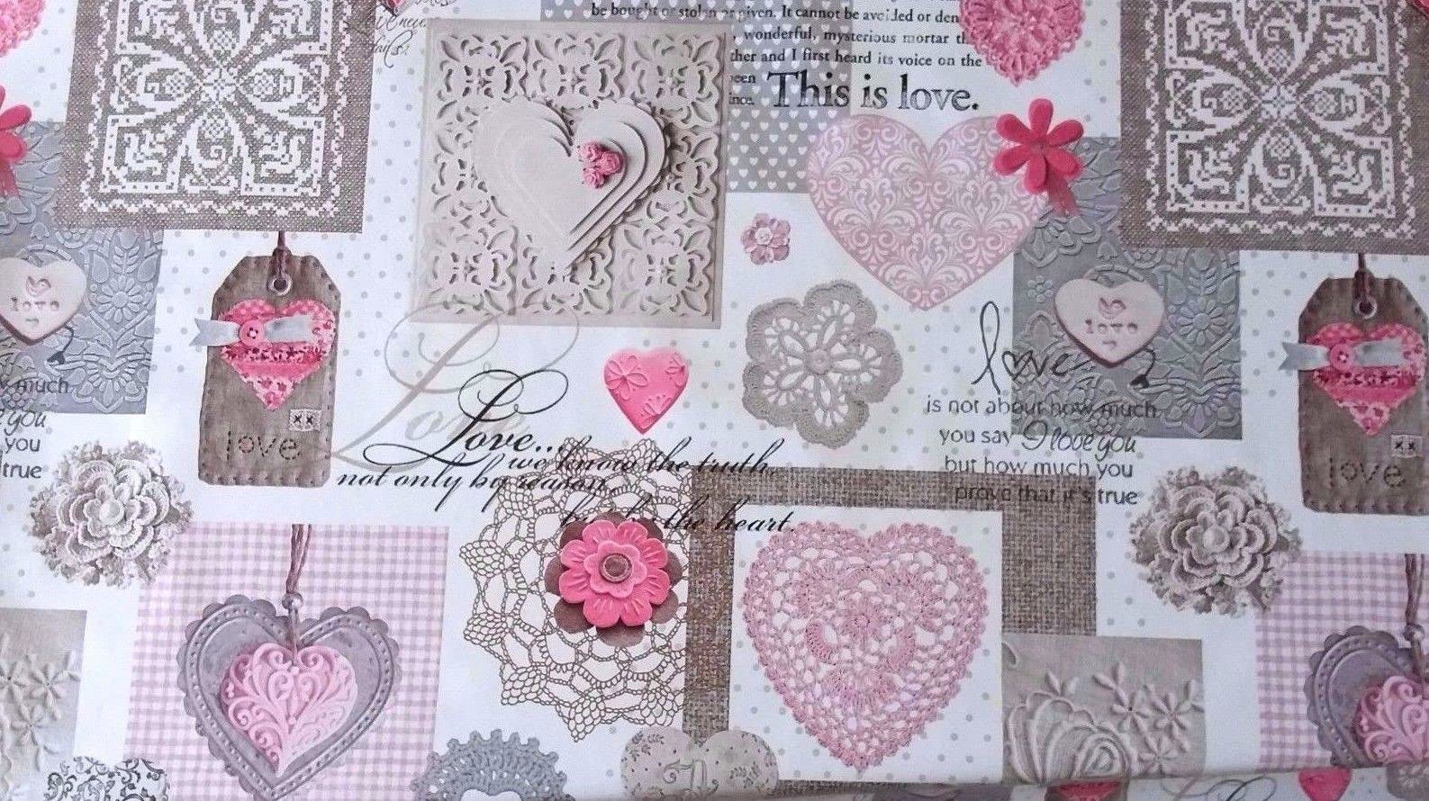 Love Pink Hearts PVC Tablecloth White Grey Natural Brown Hearts Floral Lace Effect PVC Plastic Vinyl Oilcloth Wipe Clean Party Table Cloth Protector (240cm x 140cm Rectangle 94" x 54" inches)