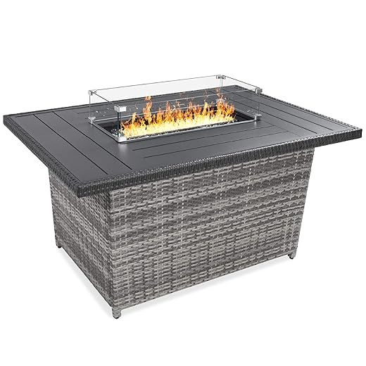 Best Choice Products 52in 50,000 BTU Outdoor Wicker Patio Propane Gas Fire Pit Table w/Aluminum Tabletop, Glass Wind Guard, Clear Glass Rocks, Cover, Slide Out Tank Holder, and Lid - Brown