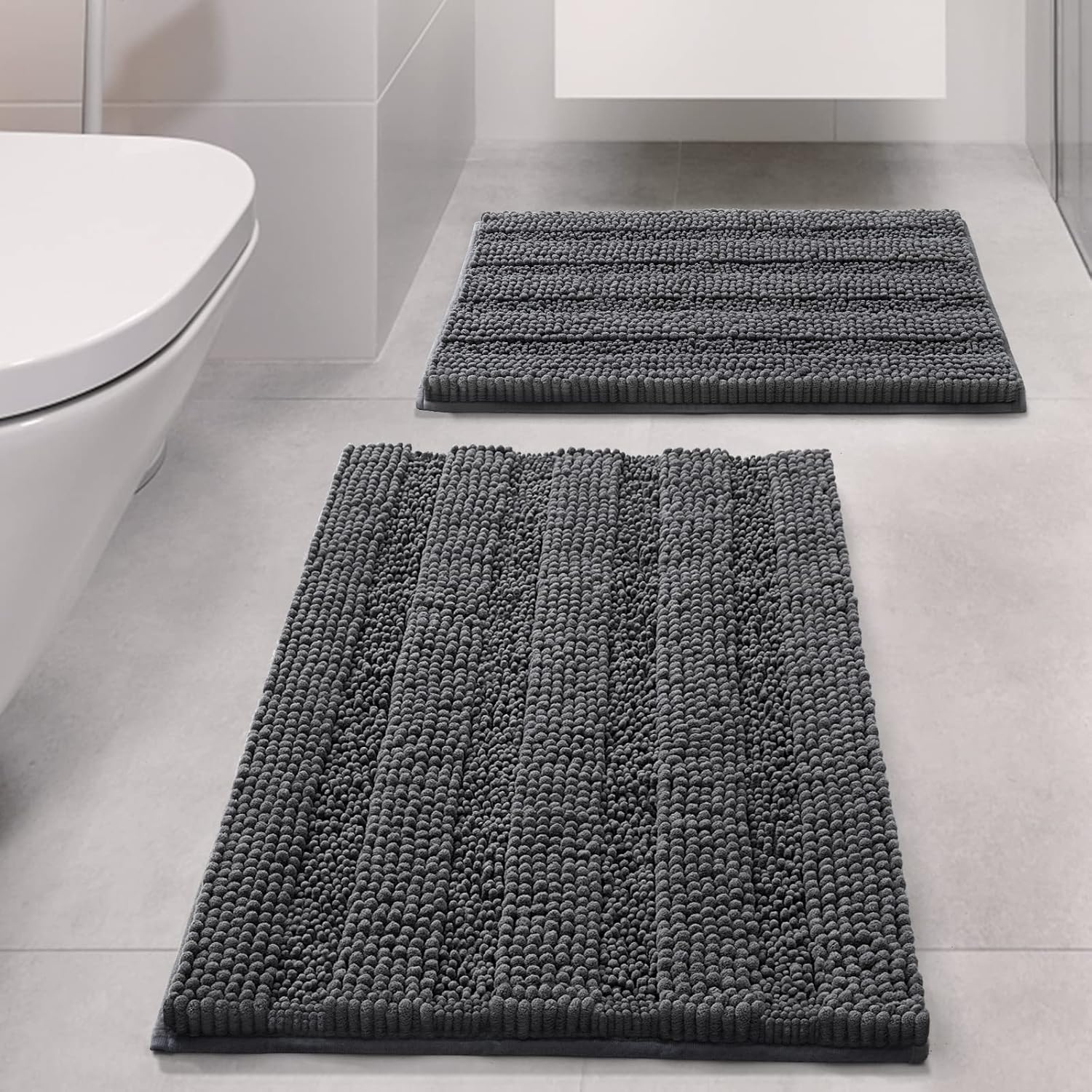 Ciicool Grey Bathroom Rugs and Mats Sets 2 Piece, Chenille Bath Rugs Set Super Absorbent Bathroom Floor Mat, Machine Washable Non-Slip Bath Mats for Bathroom, 17x24 Plus 20x30