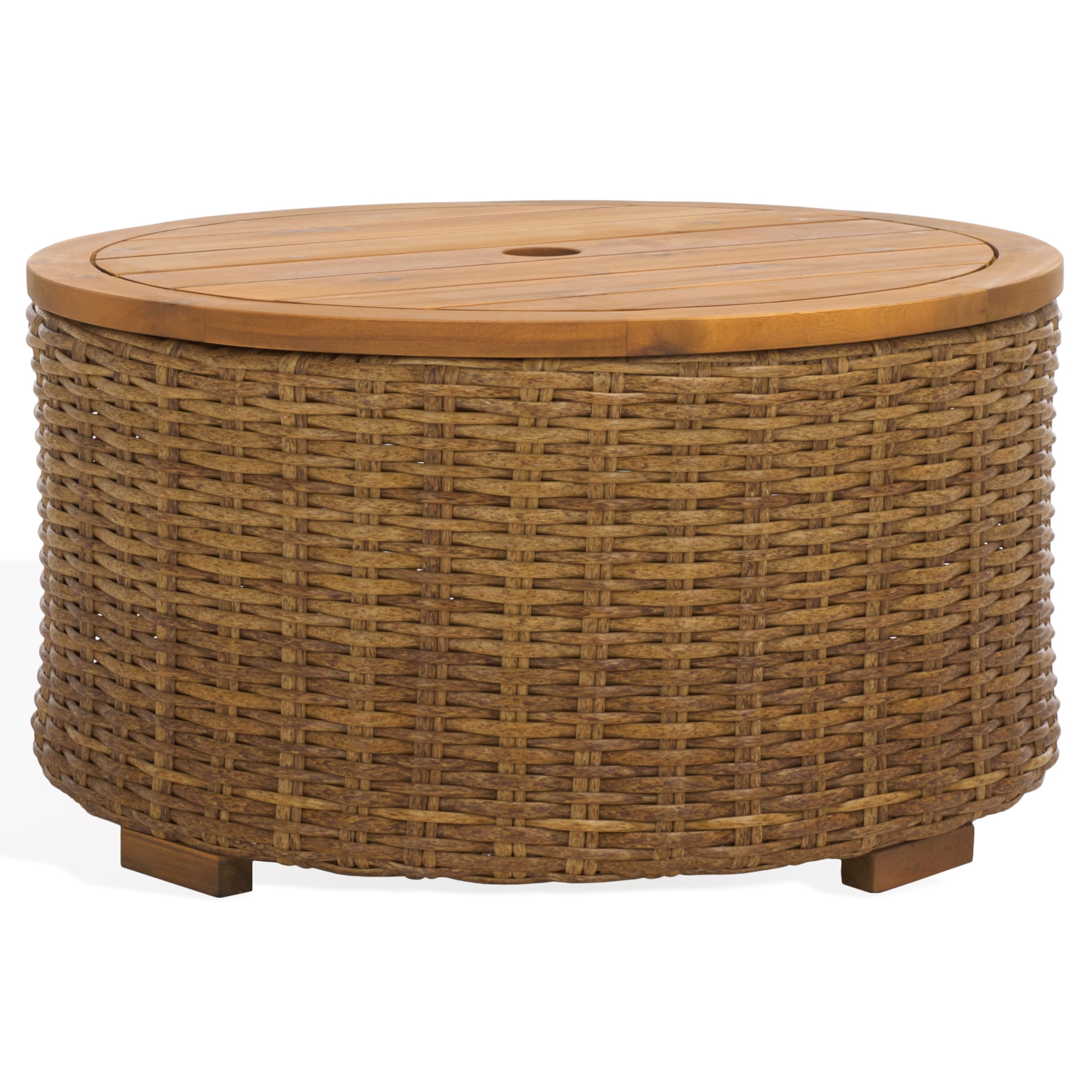SAFAVIEH Couture Collection – Anguilla Faux Wicker Indoor/Outdoor Storage Coffee Table, Fully Assembled, Natural Brown Patio Accent Table with Removable Wood Top (CPT2103A)