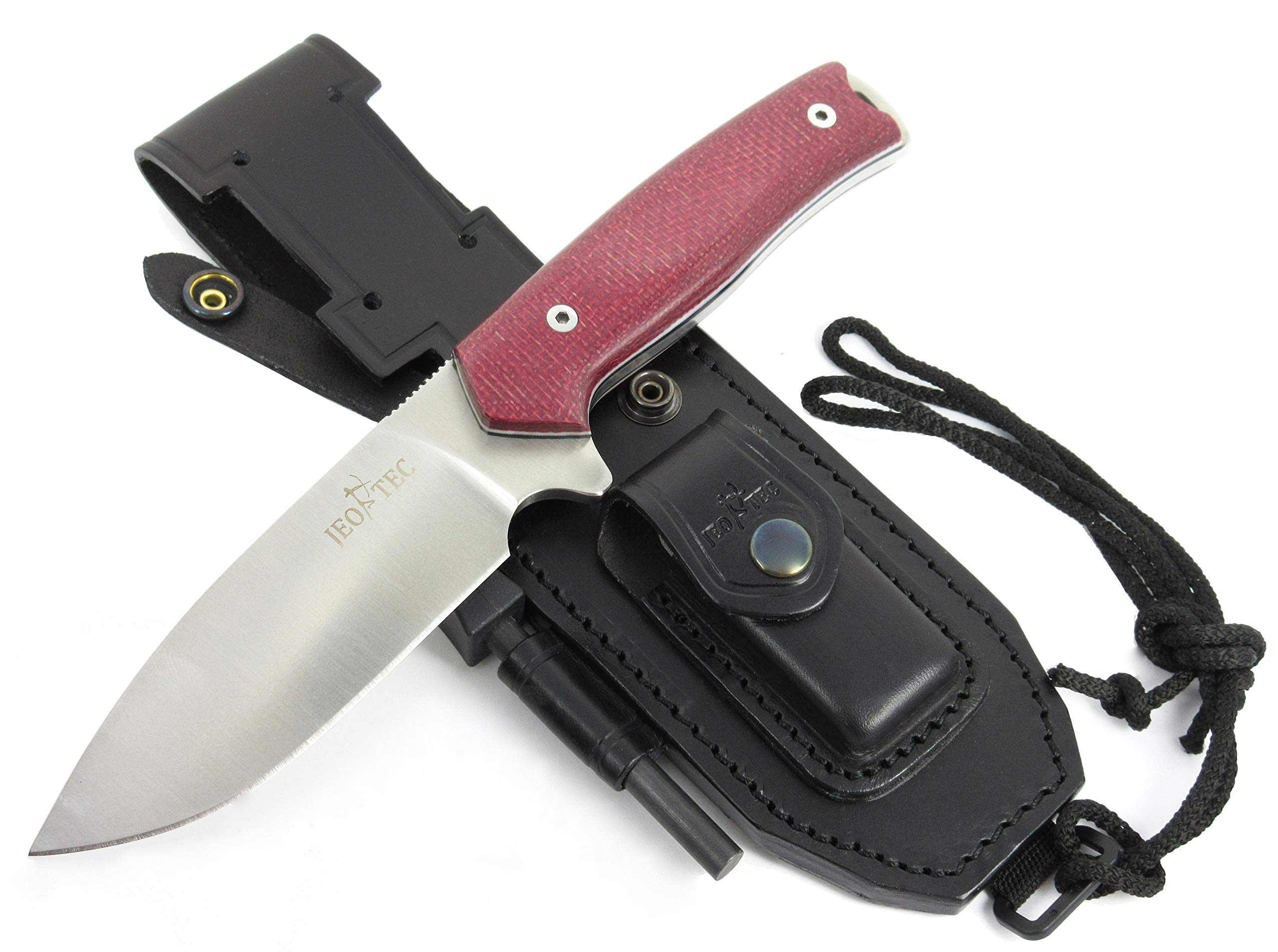 JEO-TEC Nº21 Bushcraft Survival Full Tang Fixed Blade Outdoor Camping Utility Hunting Knife In Leather Sheath Horizontal Vertical Carry Sheath | BÖHLER N690C Steel Fire Starter Scraper | Gift For Him