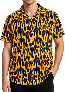 King Kameha Taglie Forti Camicia Hawaiana Uomo Maniche Corte – Camicia Estiva Aloha con Fiamme, Leggera e Facile da Lavare