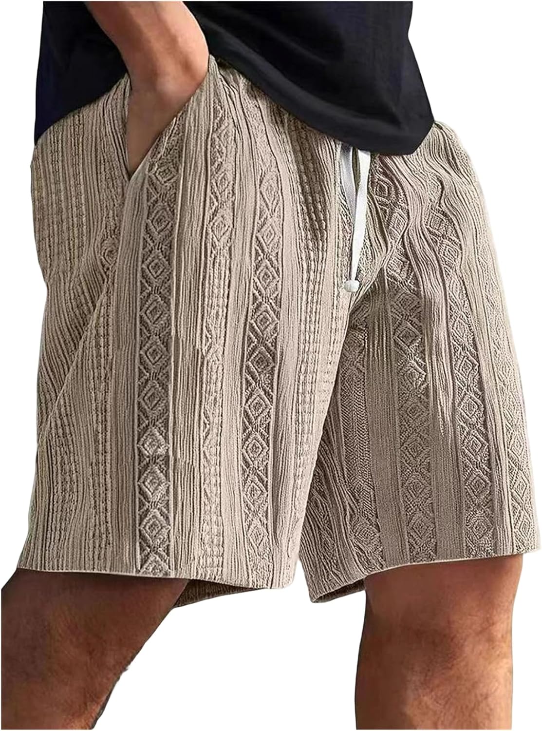 Mens Drawstring Shorts Textured Loose Fit Straight Leg Lightweight Casual Summer Solid Color Everyday Shorts