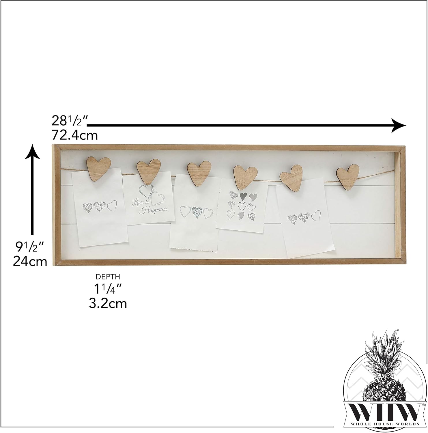 WHW Whole House Worlds Farmers Market Clothespin Memo Board, 6 Heart Clips, Twine Detail, Rustic Ship Lap, Contrast Brown Frame, 28 1/2 Inches Wide Easy-Mount Saw Tooth Hangers, Photo Holder : Everything Else