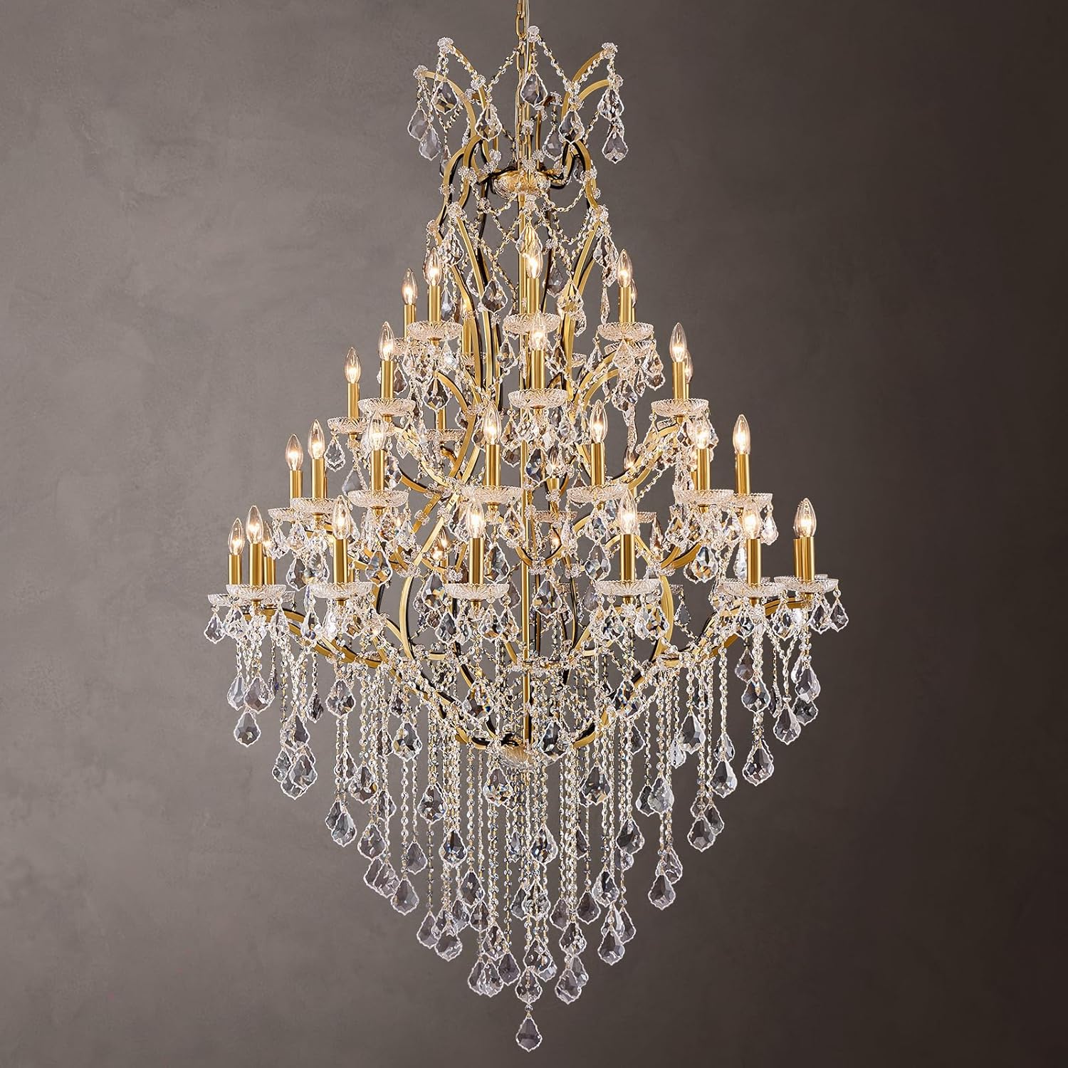 42 Lights Large Crystal Chandeliers for High Ceilings Brass Maria Theresa Chandelier Light Fixture Modern Chandelier for Foyer Hallway Entryway Staircase 75" H x 49.2" D