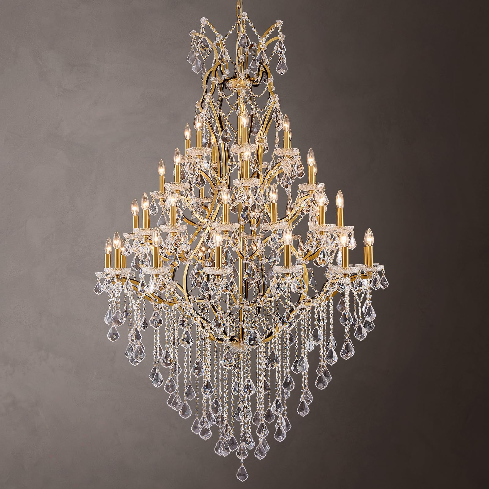 Photo 1 of HUANXISHA 42 Lights Large Crystal Chandeliers for High Ceilings Brass Maria Theresa Chandelier Light Fixture Modern Chandelier for Foyer Hallway Entryway Staircase 75" H x 49.2" D