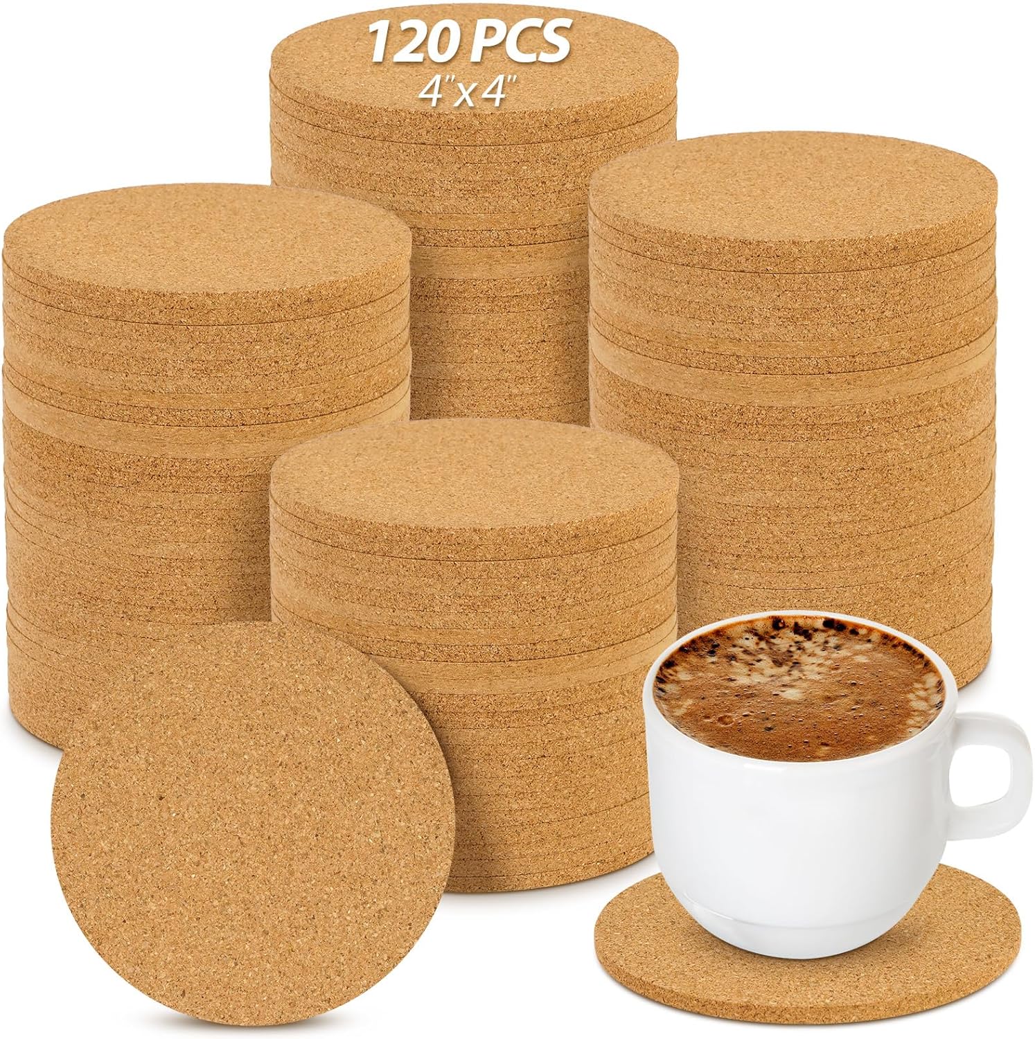 120 Pcs Cork Coasters for Drinks, Absorbent Heat Resistant Round Coffee Coasters for Wine Glass, Mug, Coffee Cup Anti-Slip Drink Coasters for Home Office Bar