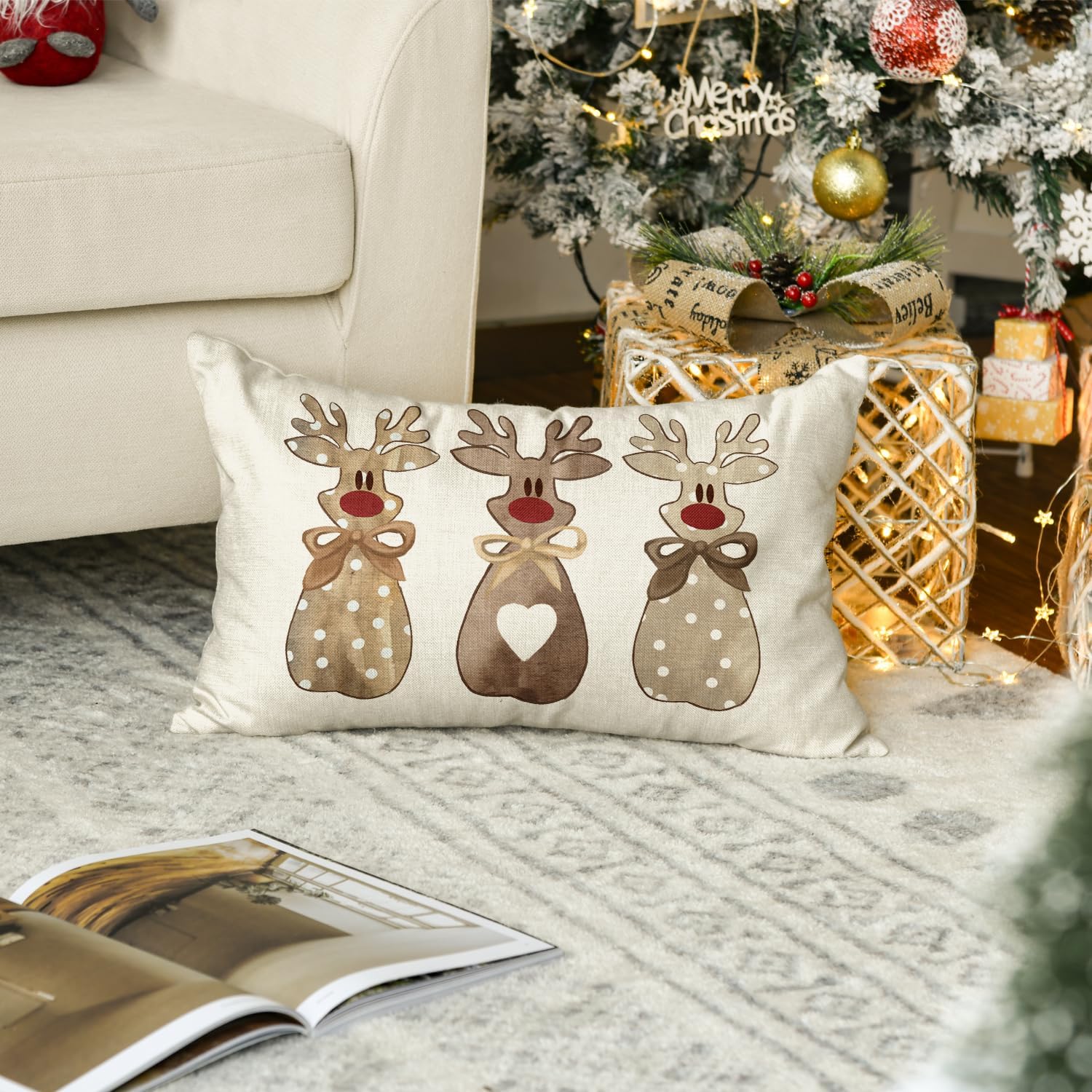 AVOIN colorlife Christmas Polka Dot Love Heart Reindeer Throw Pillow Cover, 12 x 20 Inch Bow Winter Holiday Xmas Cushion Case Decoration for Sofa Couch image 5