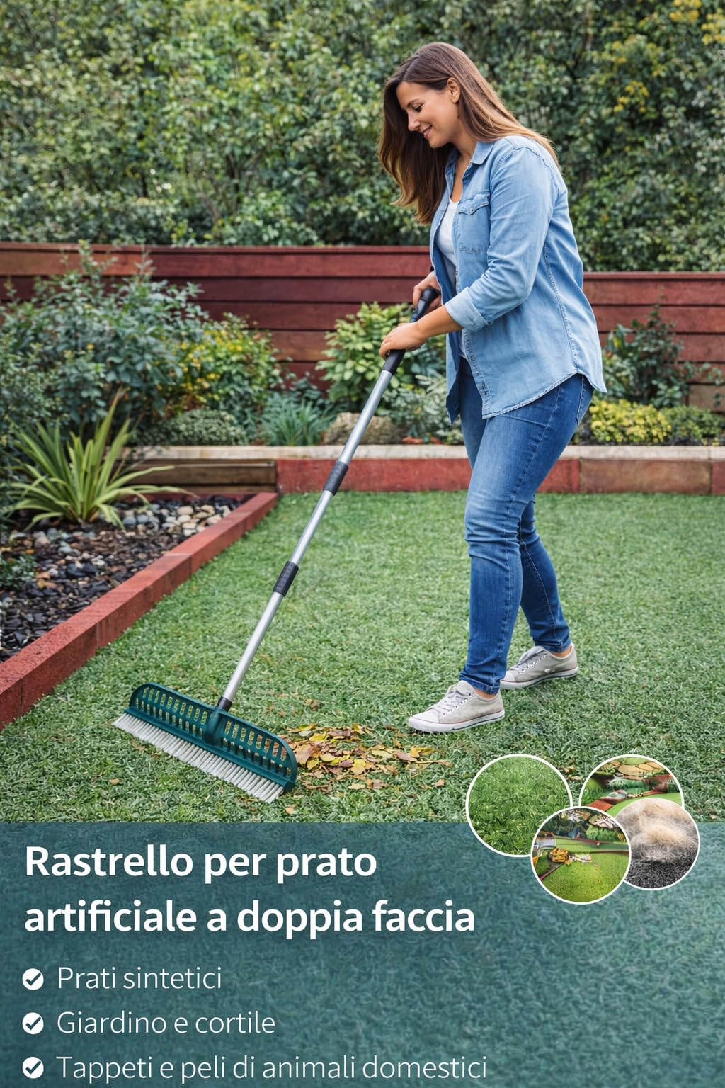 Scopa Rastrello Prato Sintetico a Doppia Faccia Spazzola Pulizia Erba Artificiale Setole in Poliammide Larghezza 45cm per Pulizia Giardino, Tappeti e Peli Animali