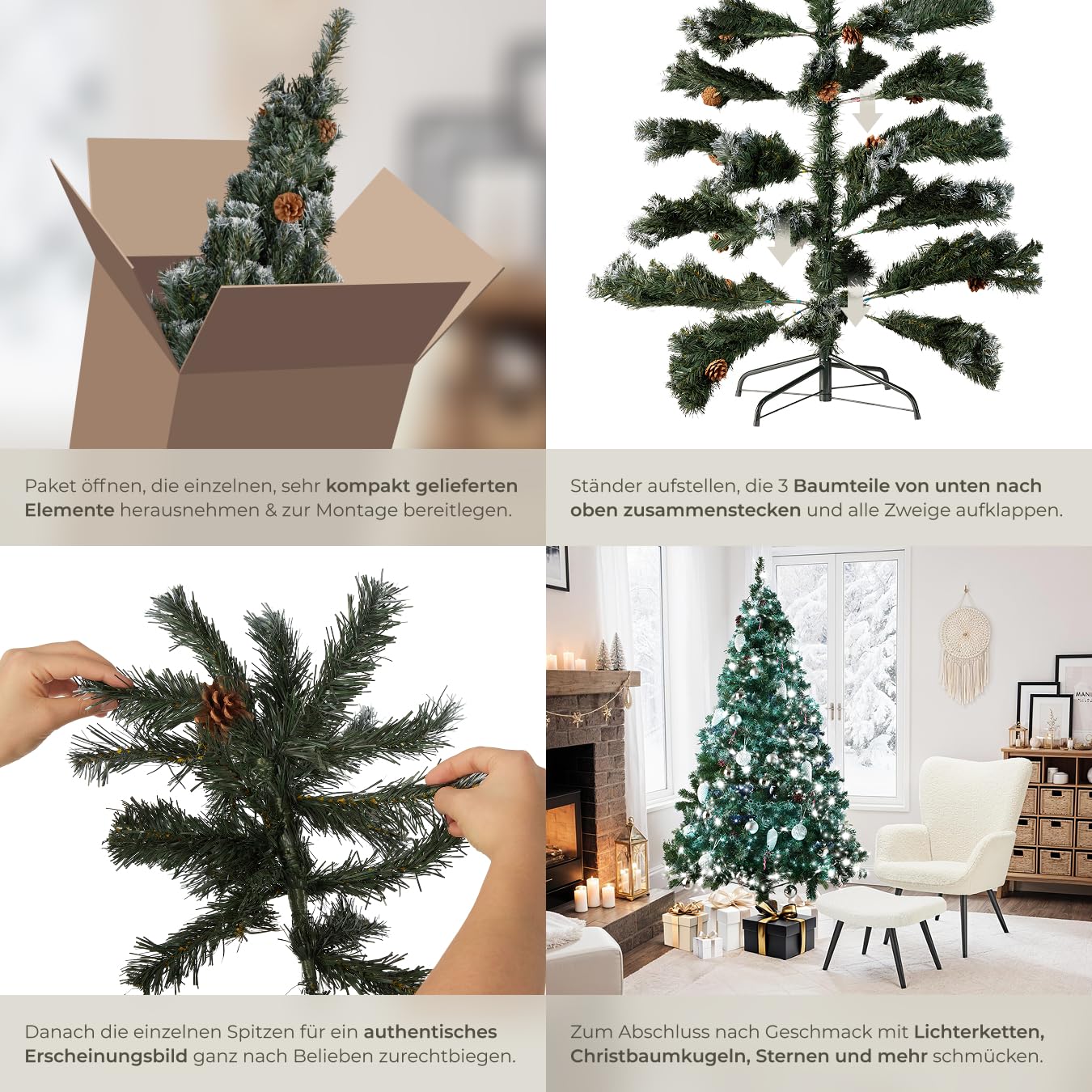 tectake Christbaum realistischer und naturgetreuer Weihnachtsbaum künstlich, Tannenbaum, Deko, Christmas Tree - Kunstbaum mit Ständer - 180 cm, 705 Spitzen und Zapfen grün