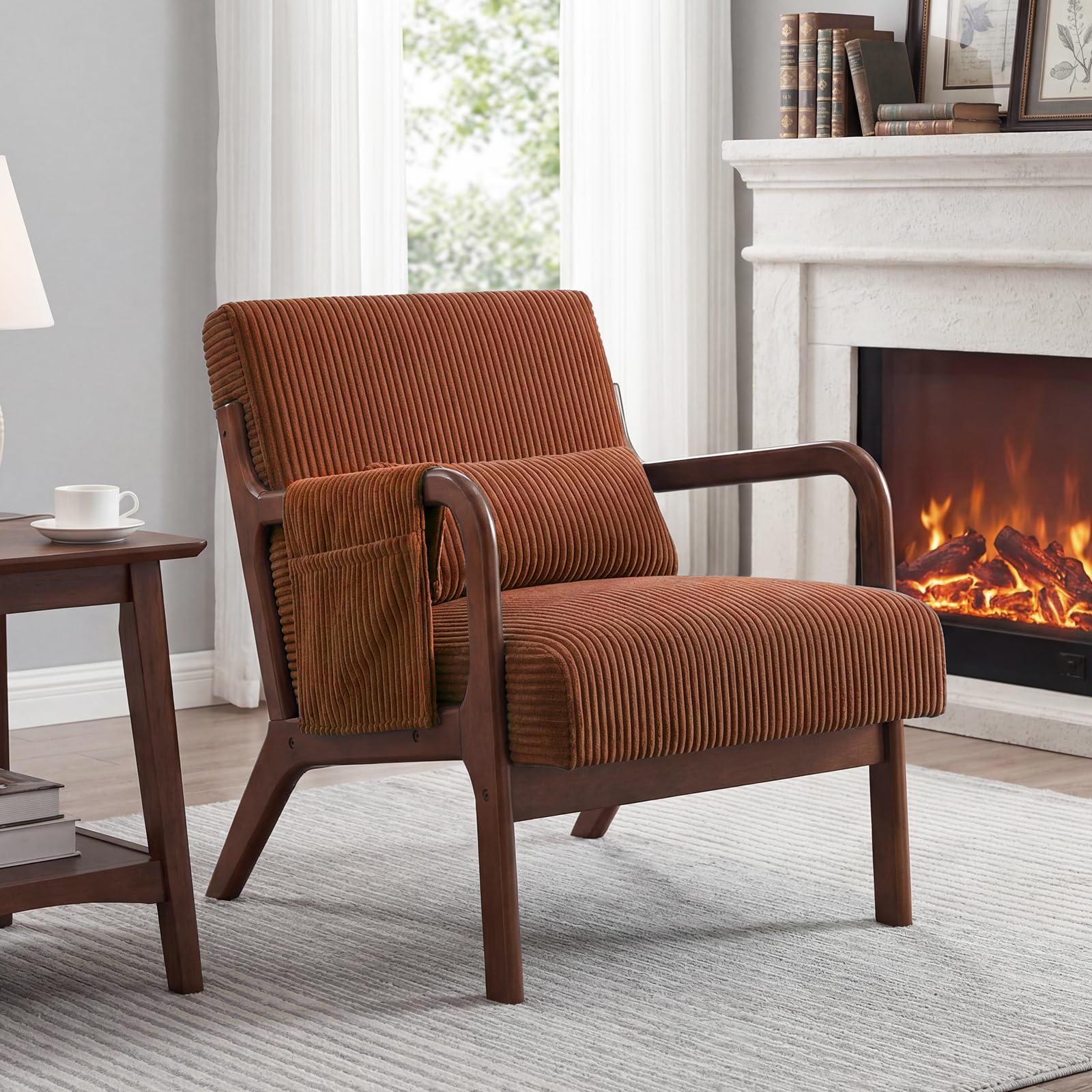 dumos mid century modern accent chair, upholstered armchair with lumbar pillow and solid wood frame, comfy reading chair for small living room, bedroom, guest room, orange