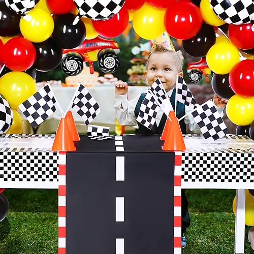 Miniatura 6 de Kit de decoración de 118 piezas de suministros de fiesta de cumpleaños de autos de carreras, banderines de bandera a cuadros de carreras, telón de