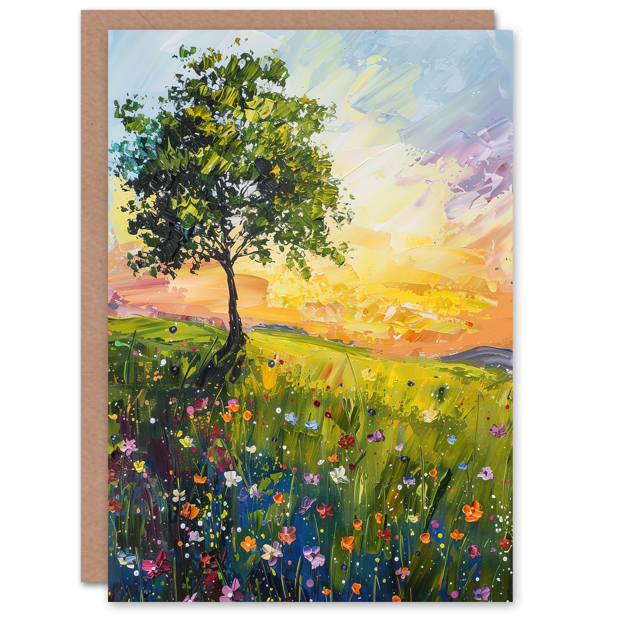 Artery8 Tree Wildflower Meadow at Sunrise Oil Painting Greeting Birthday Card Him Her All Blank