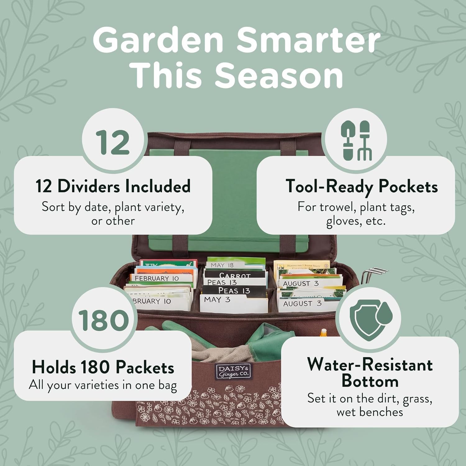 SEED STORAGE ORGANIZER TOTE BAG - Flexible Canvas Seed Organizer Holds 180 Seed Packets with Shoulder Strap, Side Pockets and 12 reusable Tabs for Gardeners | Water Resistant Bottom, Notebook Straps