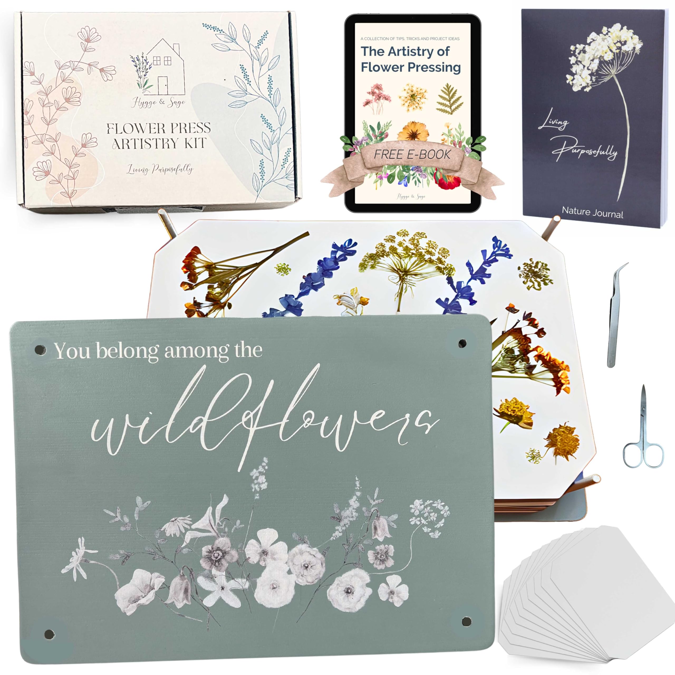 Hygge & Sage Sage Premium Extra Large Wooden Flower Press Artistry Kit With Nature Journal | 6-Layer, 8 X 11 Inch Flower Pressing Kit For Adults With Extra Blotting Paper, Scissors, Tweezers And Bonus Ebook
