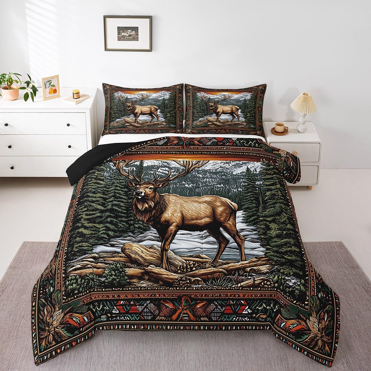 Castle Fairy Camo Hunting Deer Kids Comforter Set,Bohemian Exotic Style Down Alternative Adults Bedroom Decor,Jungle Wildlife Animal Adventure Ultra Soft Microfiber Inner Fill 3Pcs Bedding Queen Size