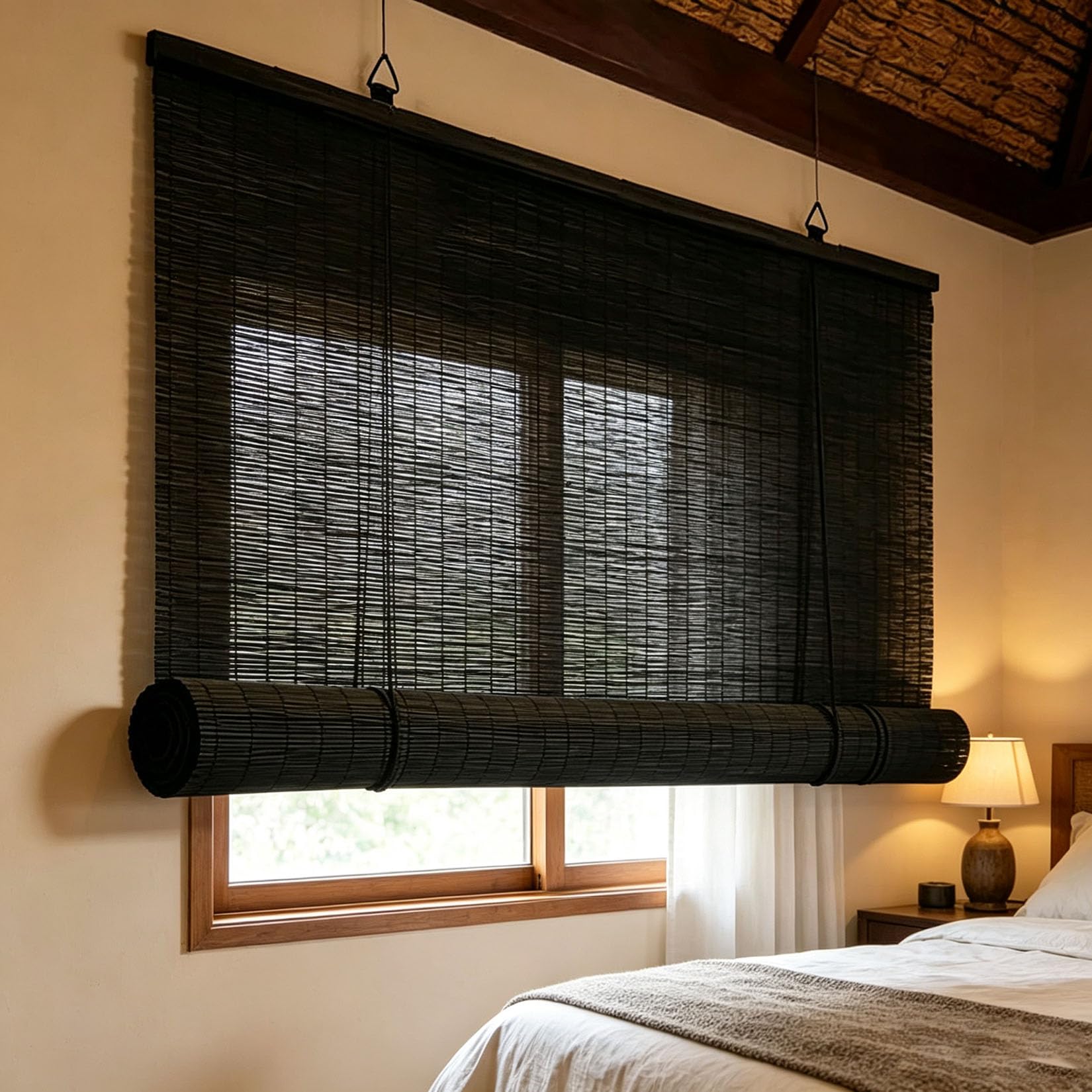 100X170cm Tende a Rullo in bambù Naturale,Tenda a Pacchetto Retrò nero