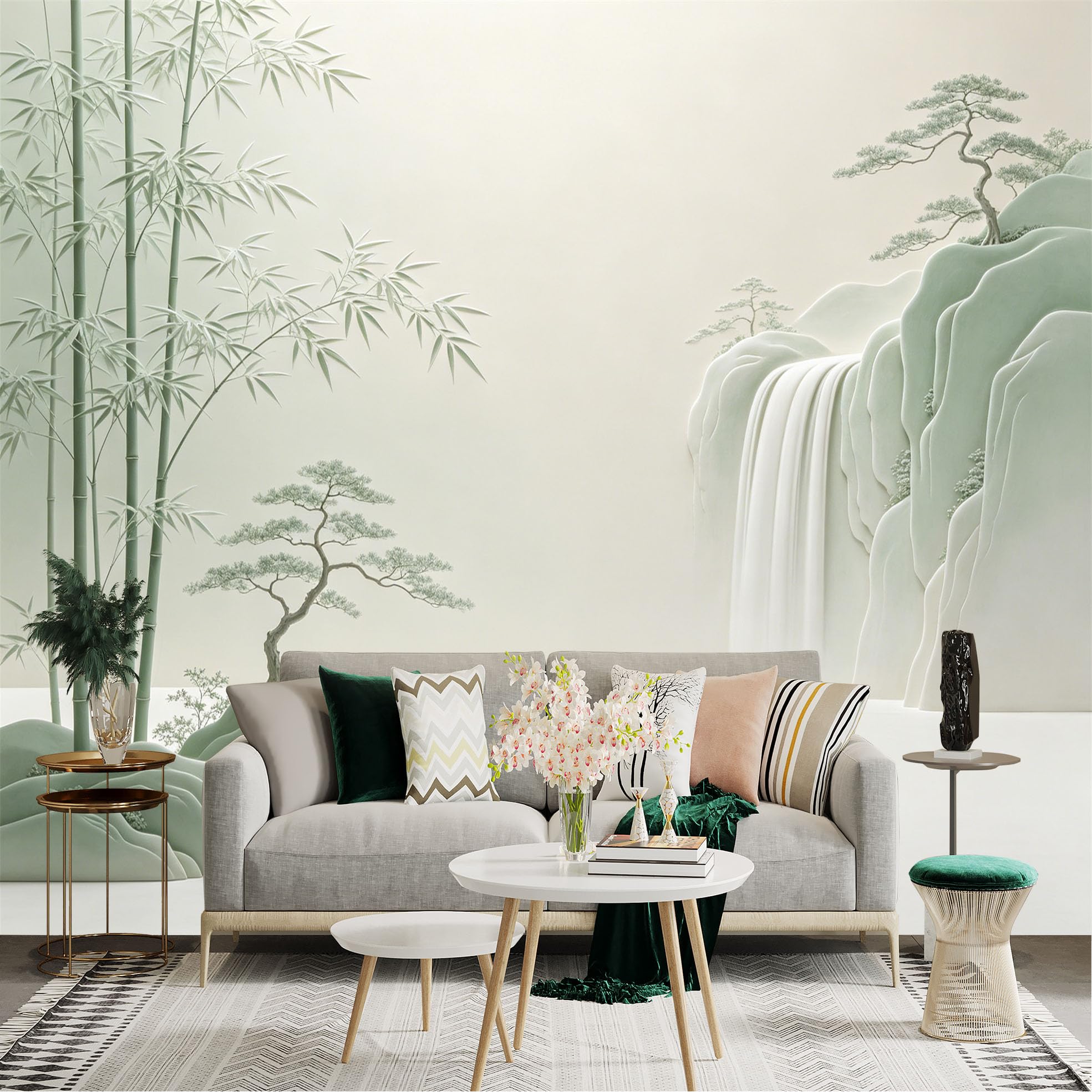 Lnzczhyre Dbh260521520 Custom Size Wall Sticker Mural， Zen Bamboo Forest， Minimalist Landscape， Serene Waterfall， Nature Wall Art， For Wall Decoration， Peelandstick Wall Decals.