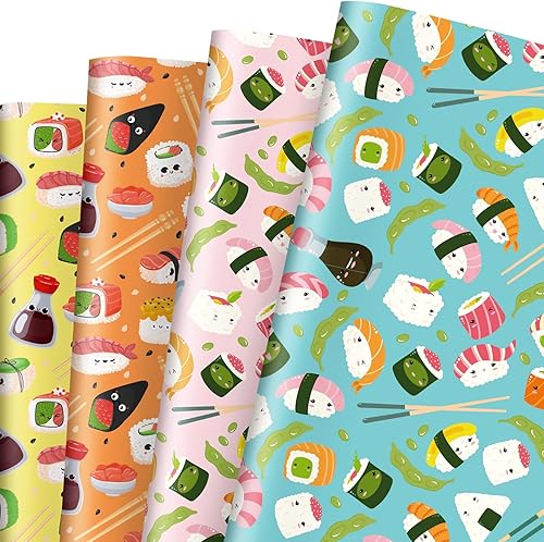 Whaline 12 hojas de papel de regalo de caras de sushi a granel de 19.7 x 27.6 pulgadas, lindo sushi a la moda, divertido papel de arte plegado plano