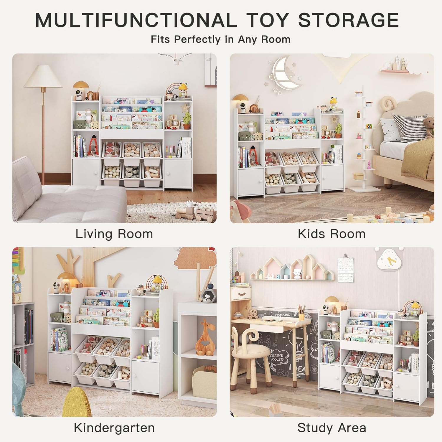 Toy Storage Organizer and Kids Bookshelf with 6 Toy Bins, Wooden Toy Organizers and Storage with 6 Cabinets for Living Room, Kids Room, Playroom, Nursery and Kindergarten - Image 5